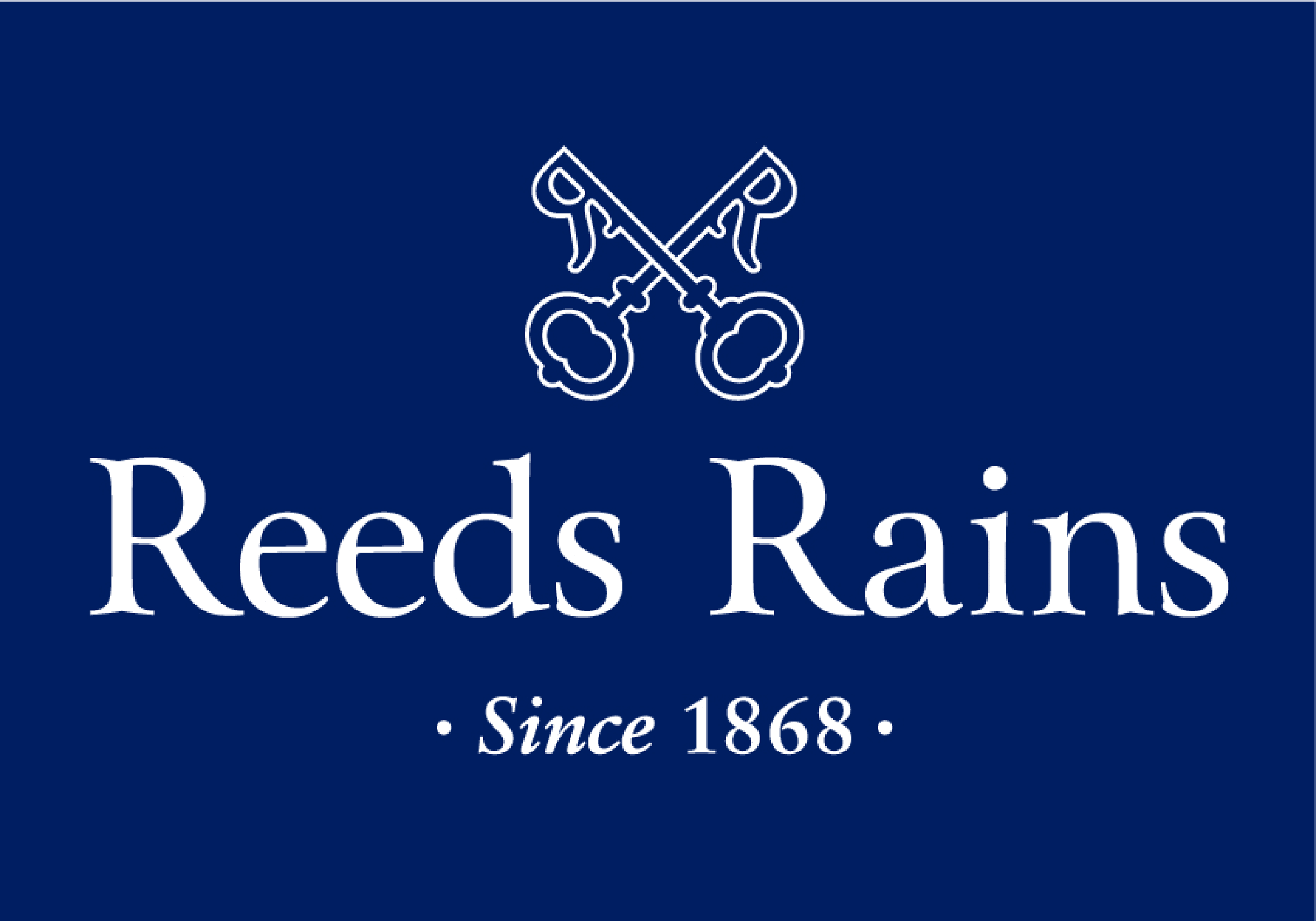 Blue background with white text and logo reading "Reed's Raisins Since 1868" with a line drawing of two crossed raisins.