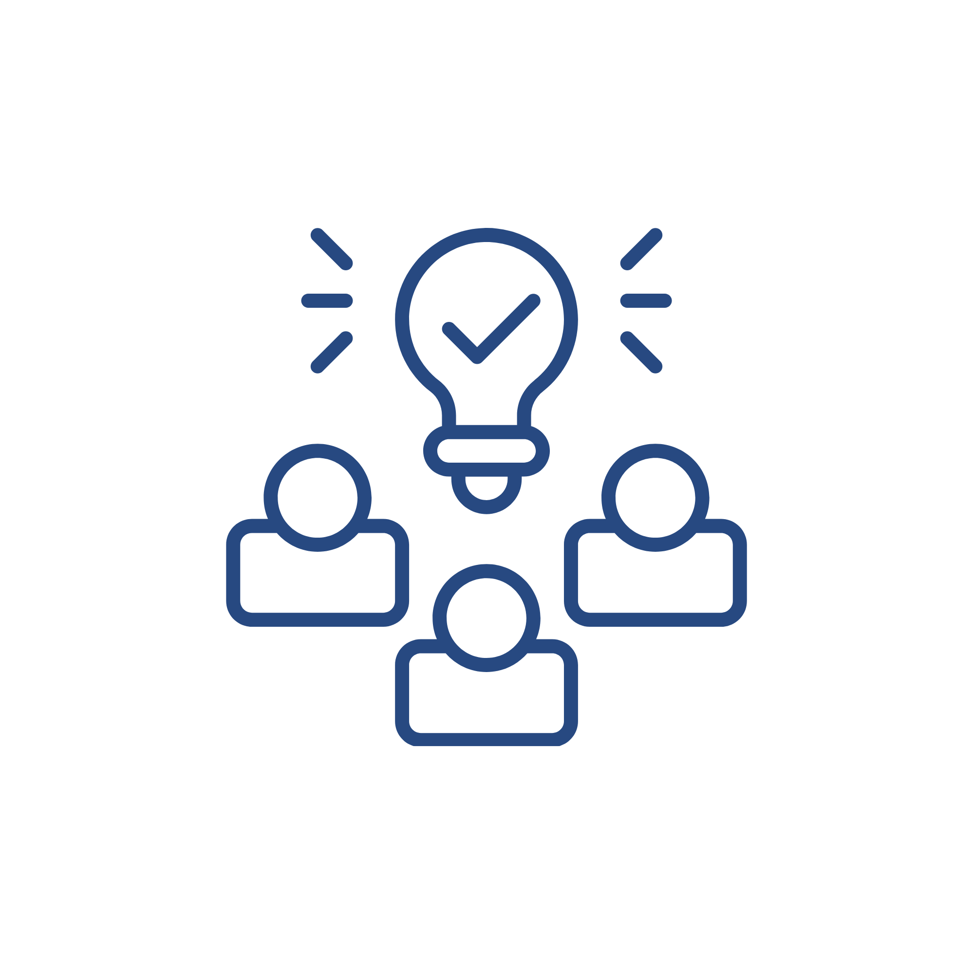 A lightbulb with a checkmark inside, surrounded by icons representing people and ideas, symbolizing innovation and teamwork.