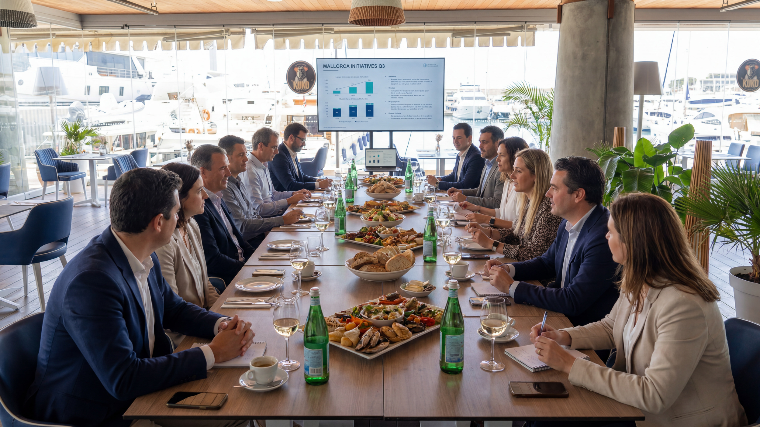 Business meeting with 14 people seated around a long table in a bright room with large windows overlooking boats docked at a marina, a presentation displayed on a screen at the front, with food and drinks on the table.