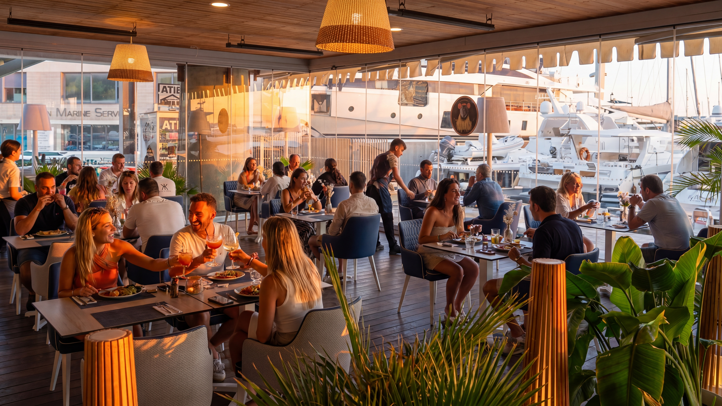 People dining at a restaurant with large windows overlooking a marina filled with yachts, during sunset.