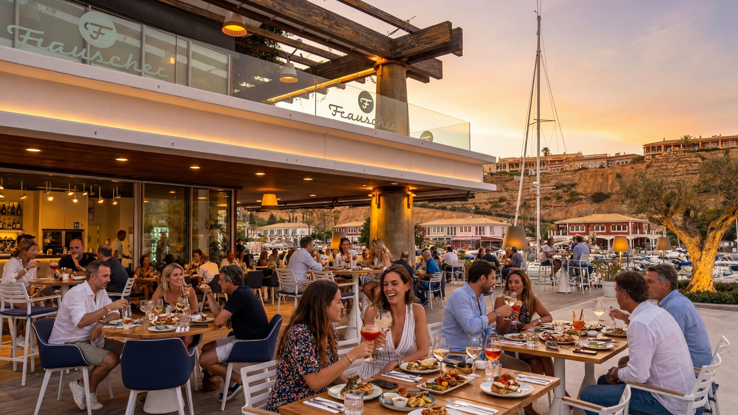 People dining outdoors at a waterfront restaurant during sunset, with boat docked nearby and hillside houses in the background.
