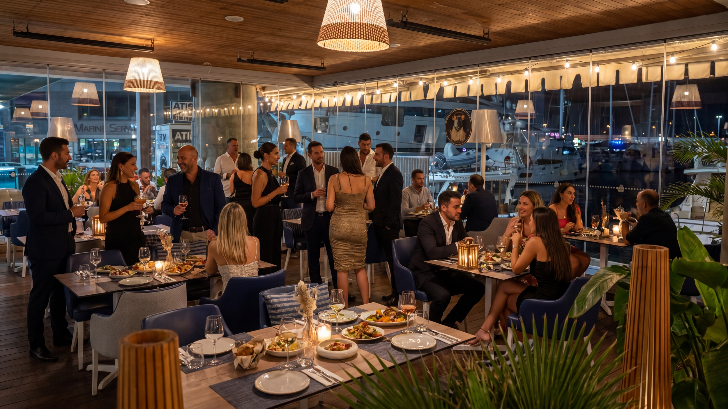 Guests socializing and dining in a stylish restaurant with large glass windows overlooking boats in a marina at night.