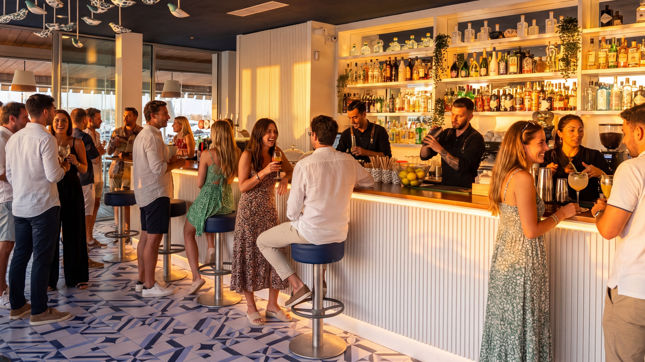 People socializing at a bar with a large selection of alcohol bottles on shelves behind the bartender, during the daytime.