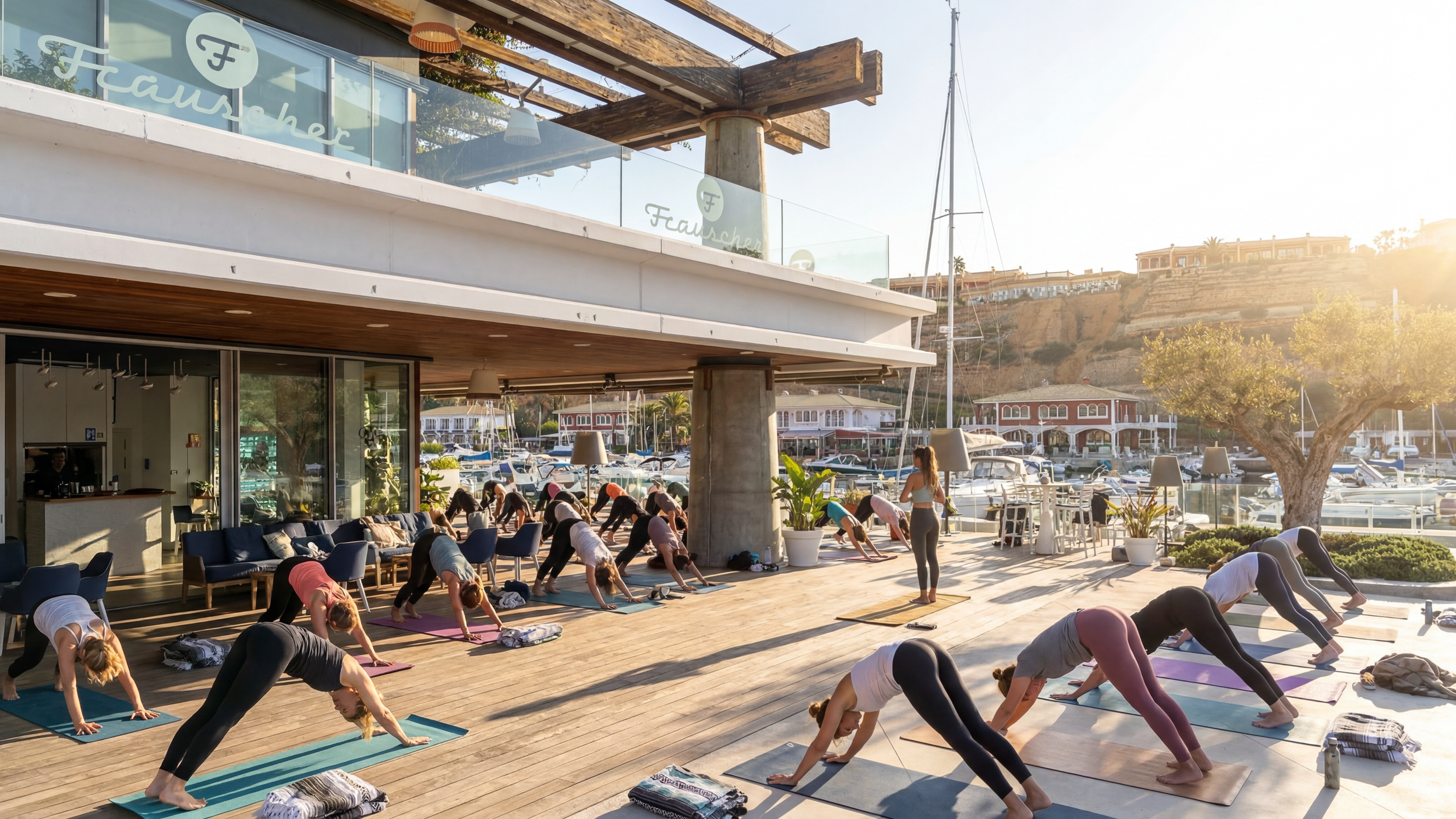 Group of people practicing yoga on an outdoor wooden deck near a marina with boats, a hillside with houses, and a clear sky during sunset.