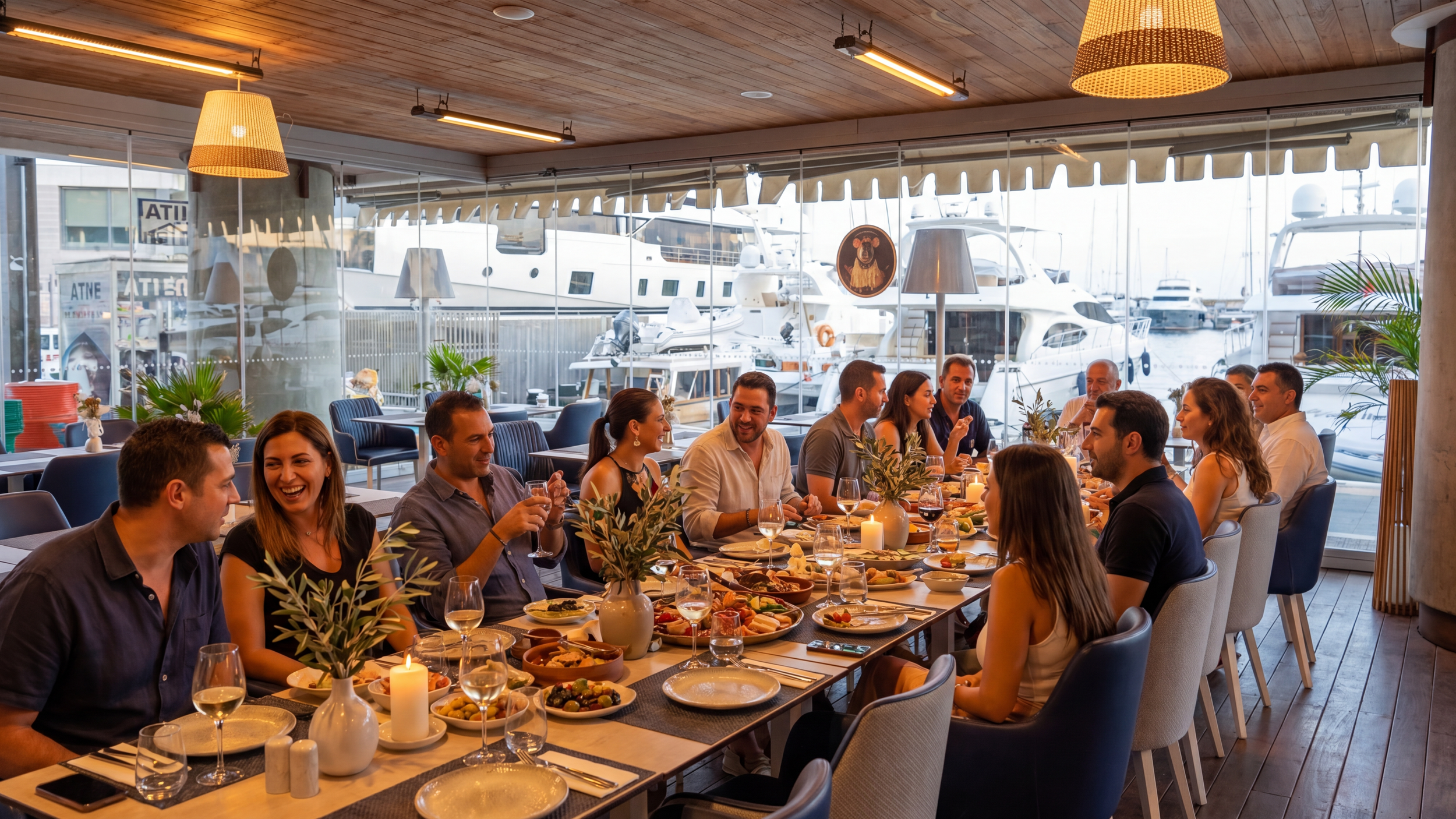 A group of people enjoying a meal at a restaurant with large windows showing boats and yachts docked outside.