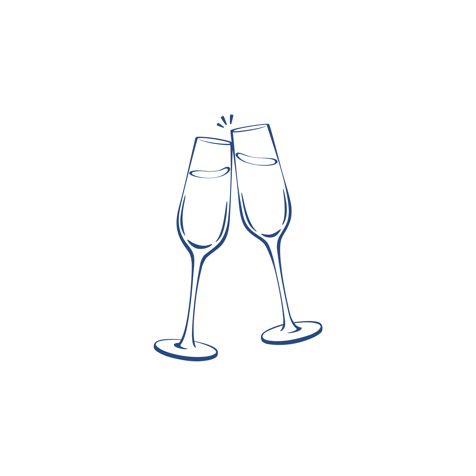 A digital illustration of two hands holding champagne glasses in a toast. The glasses are outlined in blue with highlights in a darker shade. The background is black with small sparkles indicating celebration.