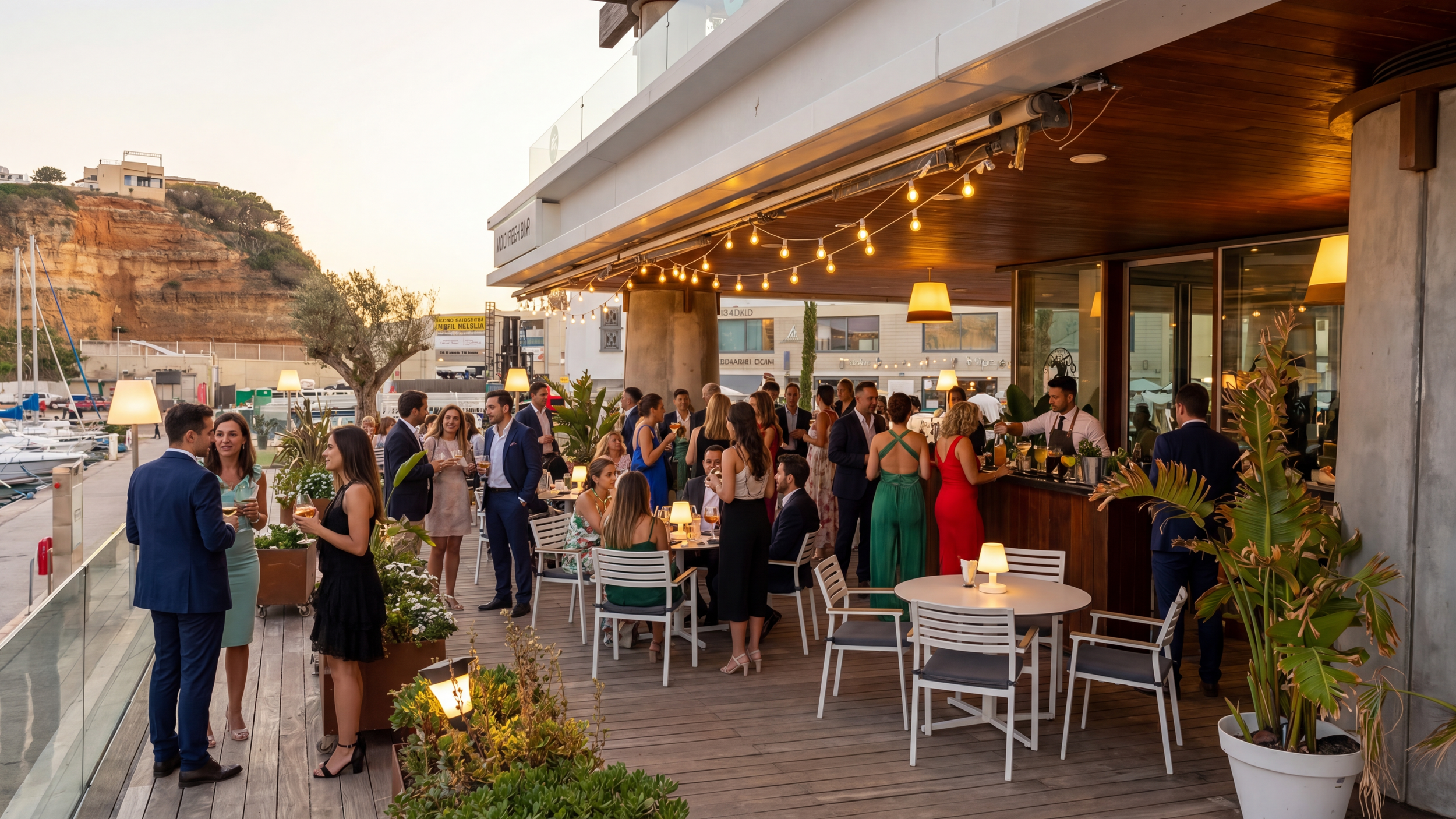 Guests socializing at an outdoor bar area overlooking a marina during sunset.