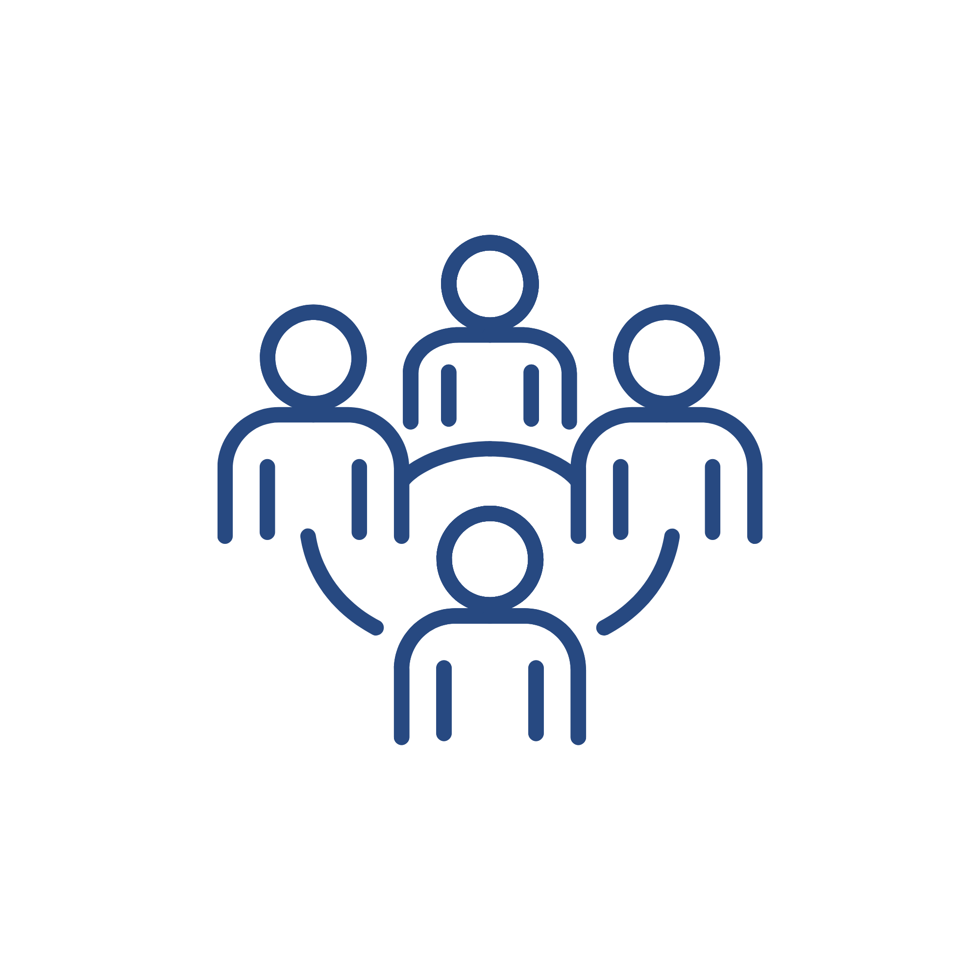 Line drawing of a person standing in the center with three people around, connected by lines, representing a network or social connections.
