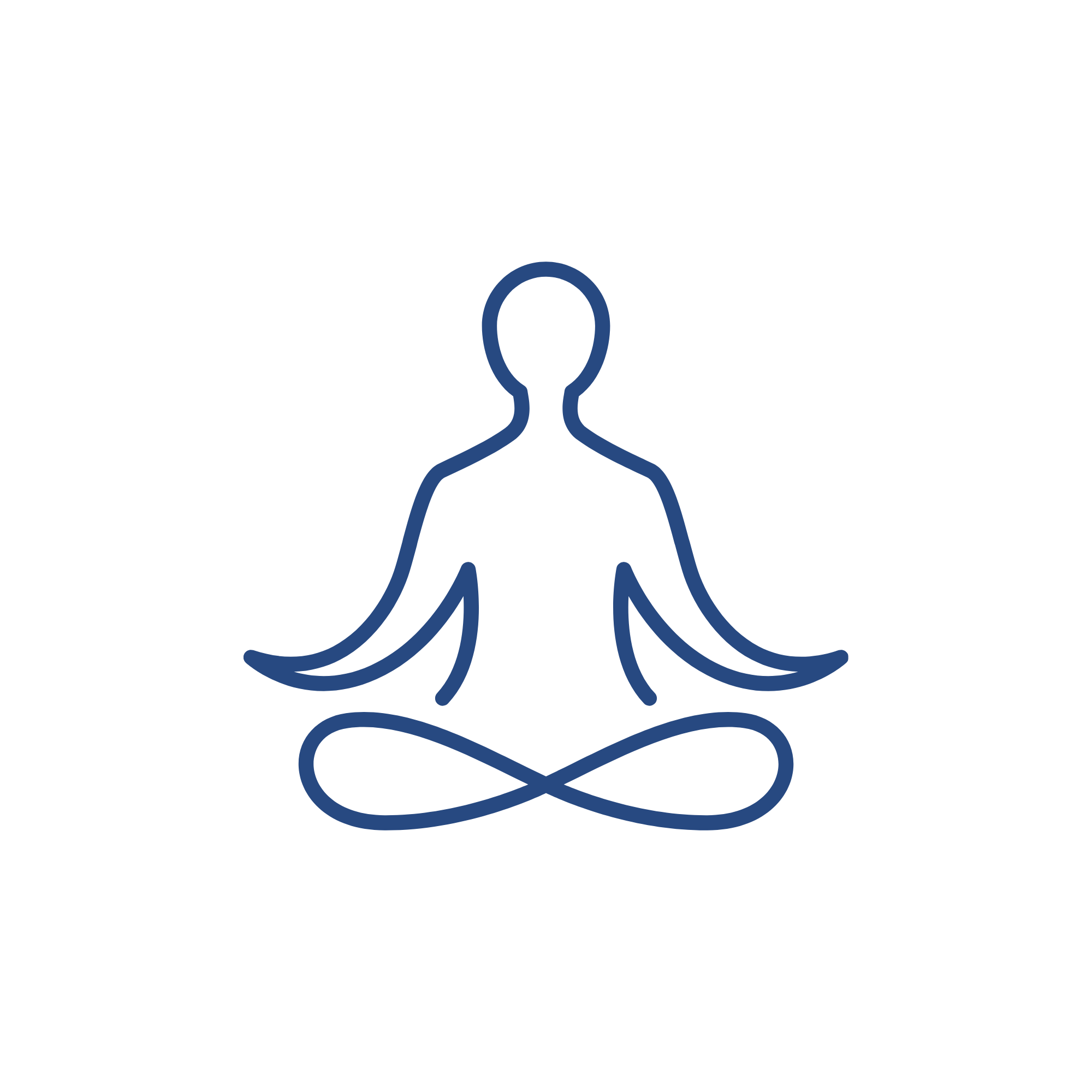 Simple outline drawing of a person meditating. The figure is seated cross-legged with closed eyes and hands resting on the knees.