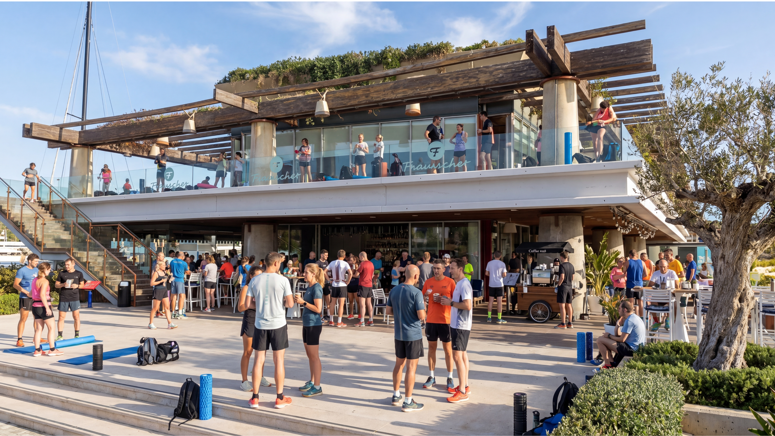 Crowd of people gathered outside a modern two-story building with a rooftop deck, glass railing, and a large tree nearby, on a sunny day.