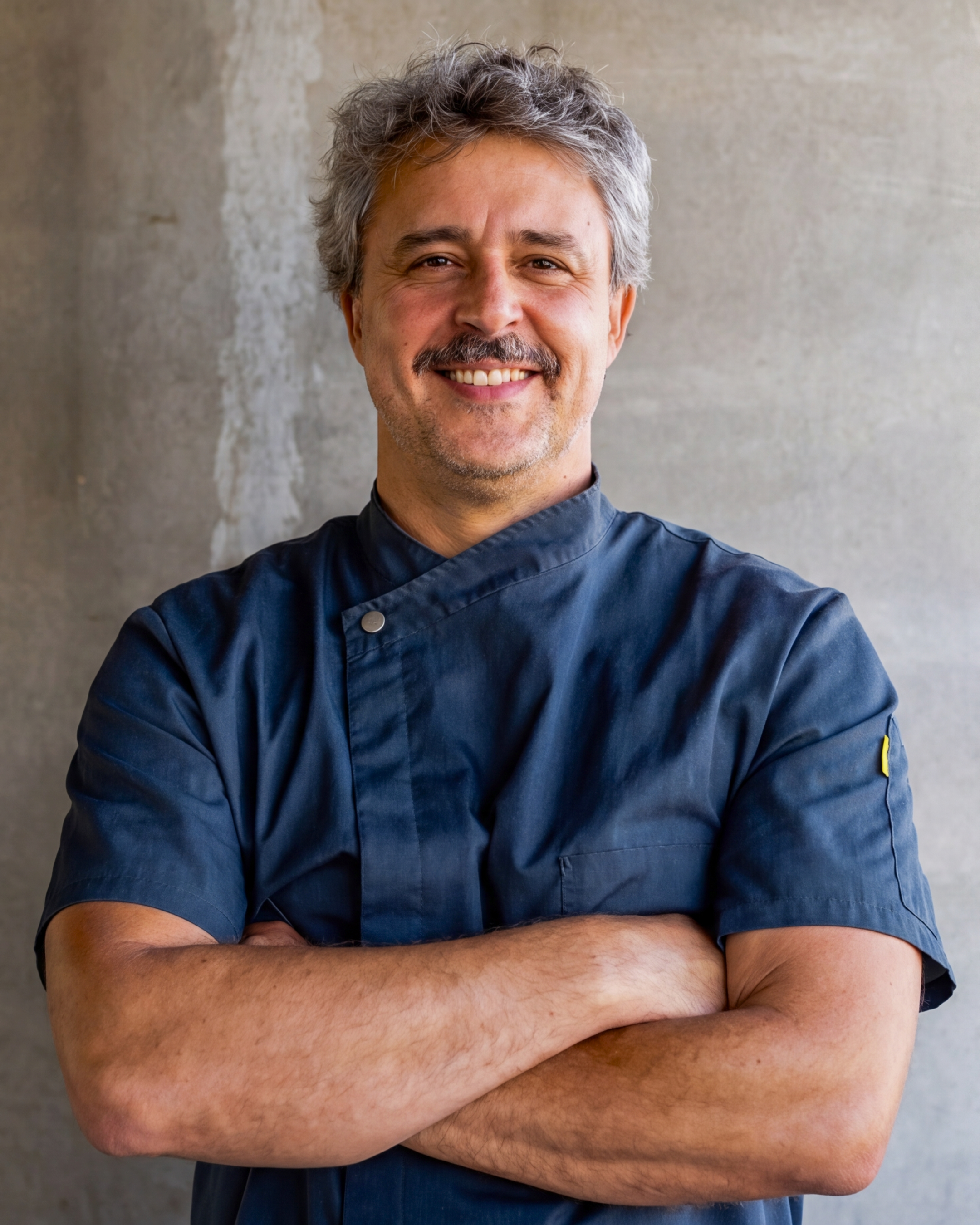 Close-up of a smiling middle-aged man with gray hair and a mustache, wearing a professional chef's uniform, standing against a neutral textured background.