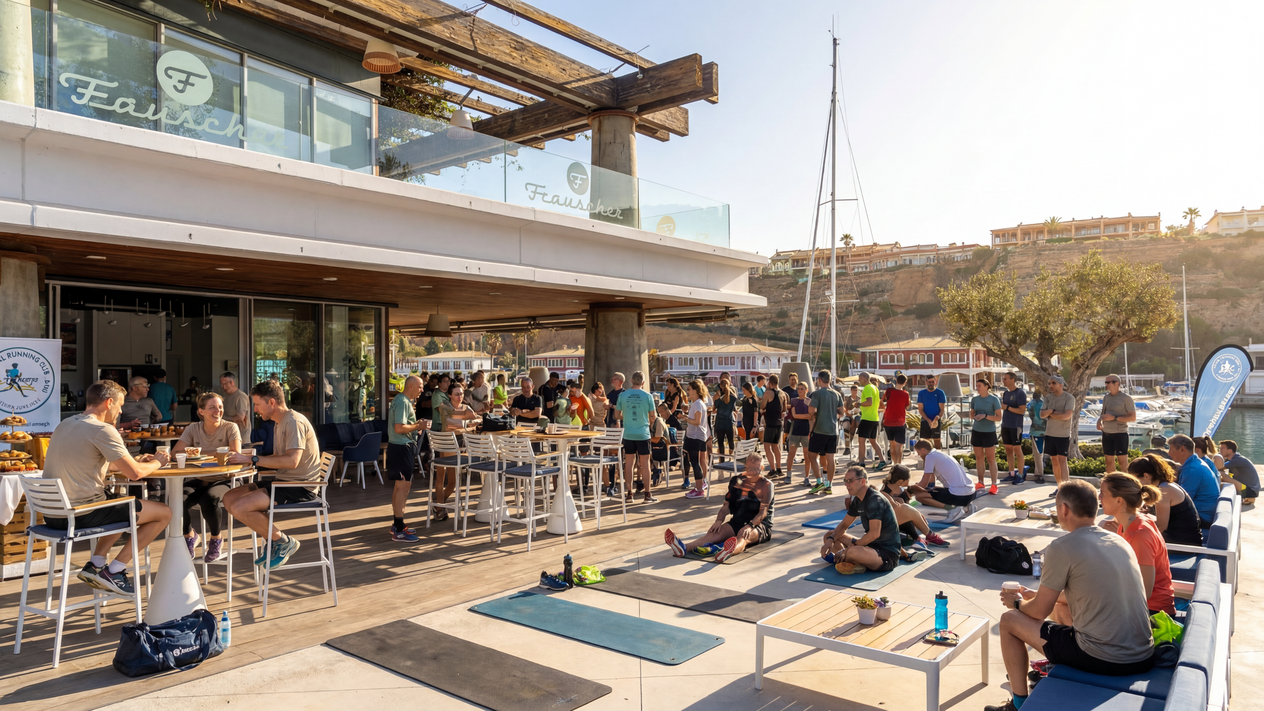 Outdoor scene at a waterfront cafe with people dining and socializing, some preparing for or finishing a workout, overlooking boats and hillside homes.