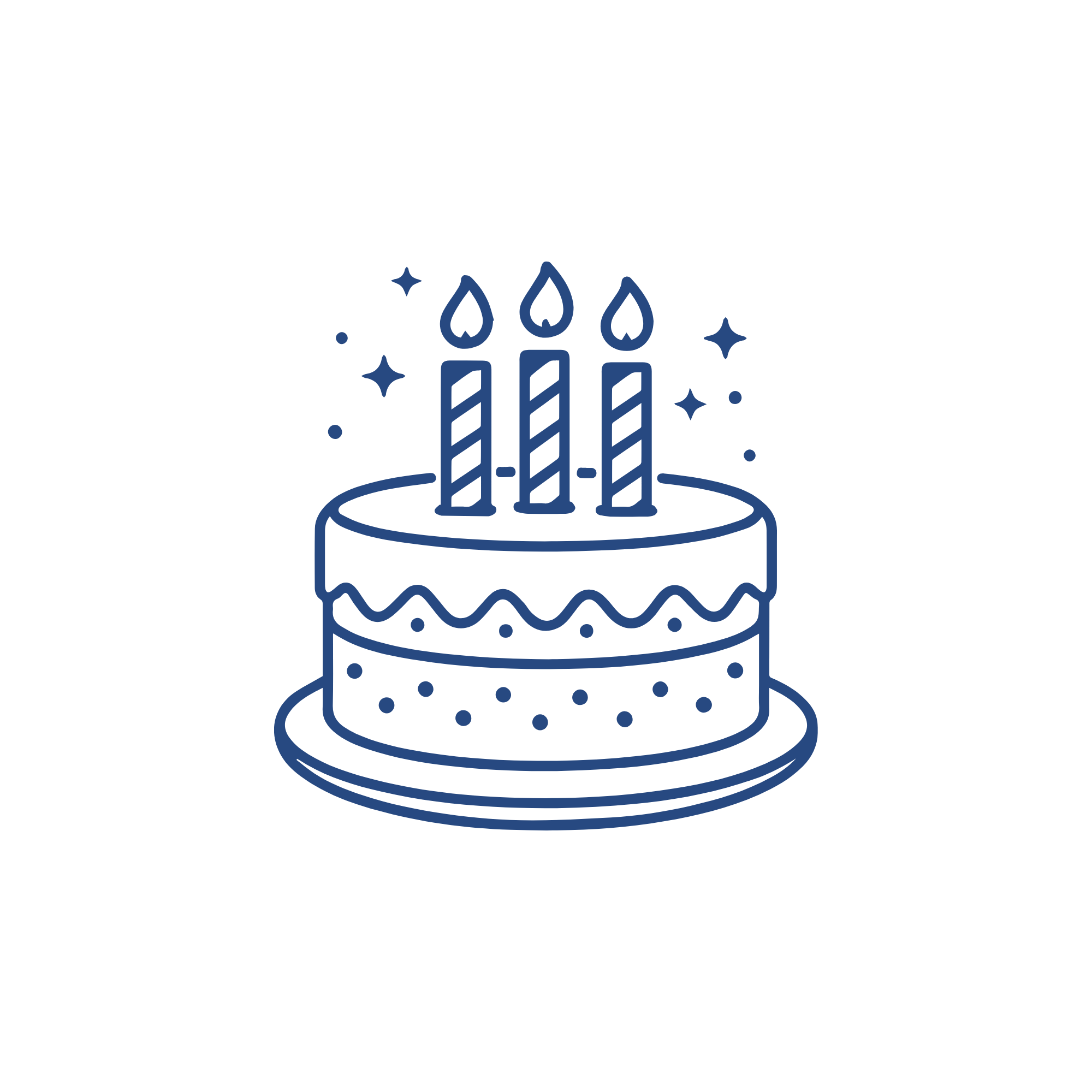 Line drawing of a cake with three lit candles on top and small star and dot accents around it.