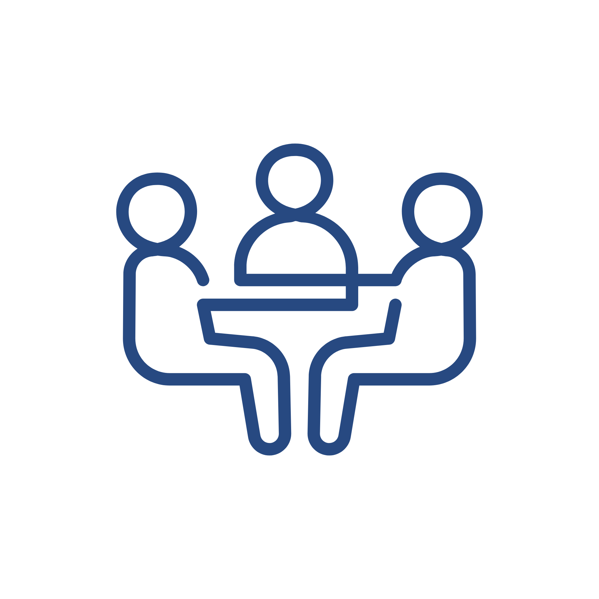 Outline of a group of five people, with one central figure depicted in black and the other four in blue, symbolizing a team or community.