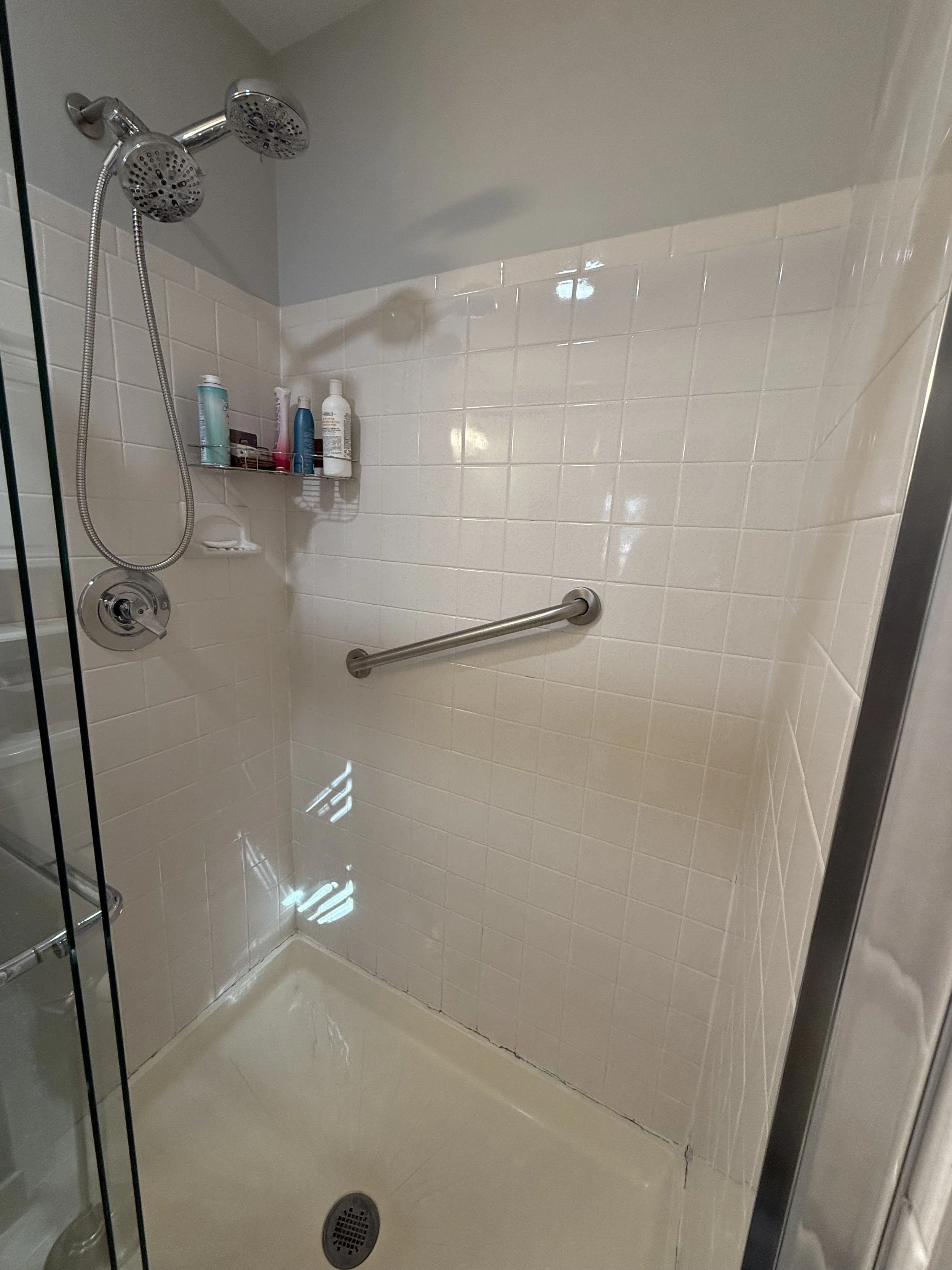 Enclosed shower with two silver showerheads, a wall-mounted grab bar, and a small shelf with toiletries, including shampoo, conditioner, and lotion.