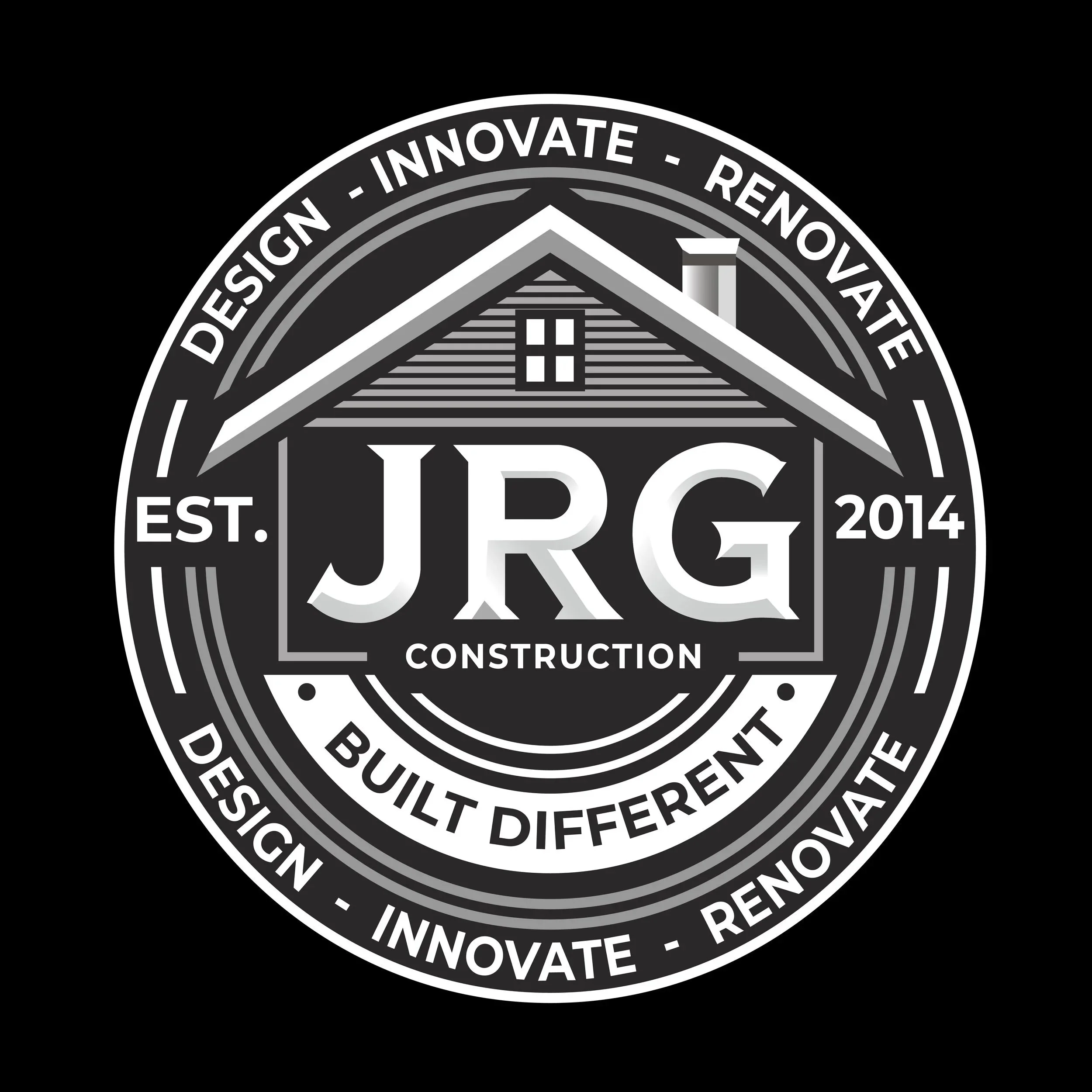 Black and white circular badge with a house roof and chimney graphic in the center, surrounded by the words 'Design', 'Innovate', 'Renew', 'Construction', 'Building', 'Different', 'Create', and 'Est. 2014' on a black background.
