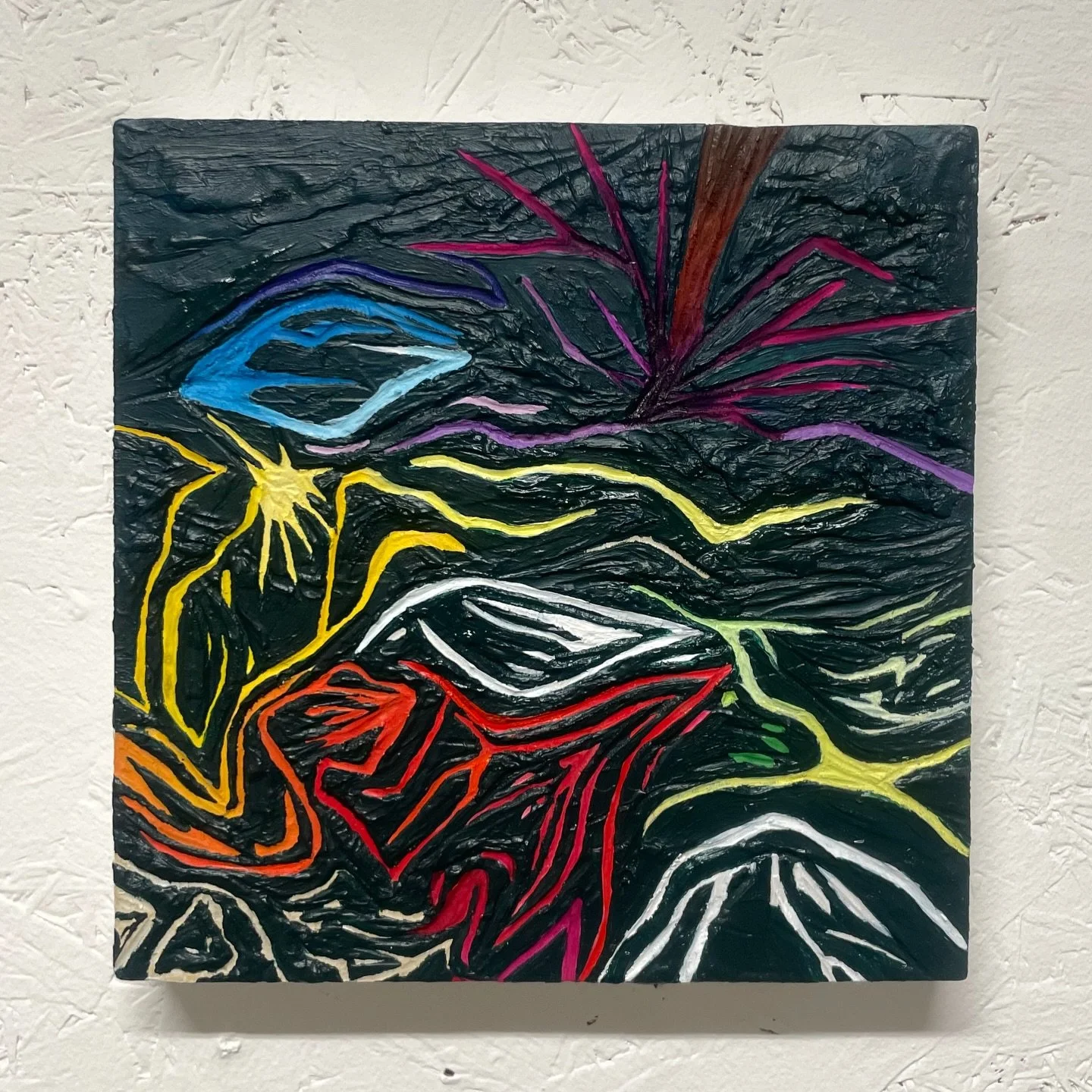&lsquo;The Things We See in The Dark&rsquo; modelling paste and acrylic paint on carved birch wood, 15 x 15cm, 2026