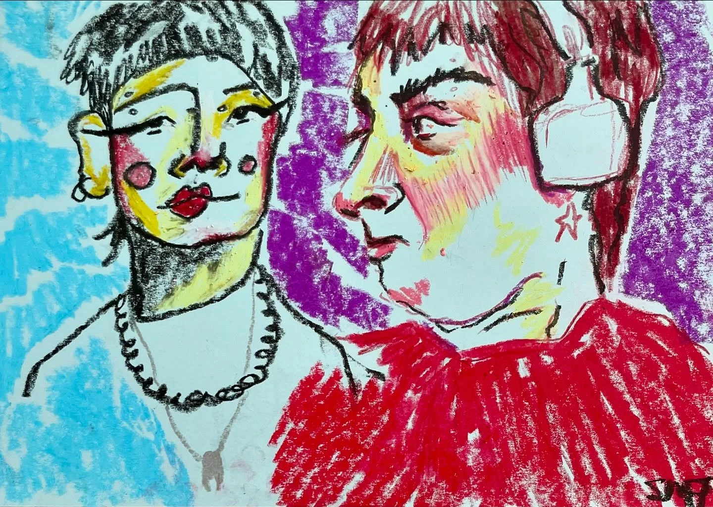 Self portraits on paper, coloured pencil and oil pastel