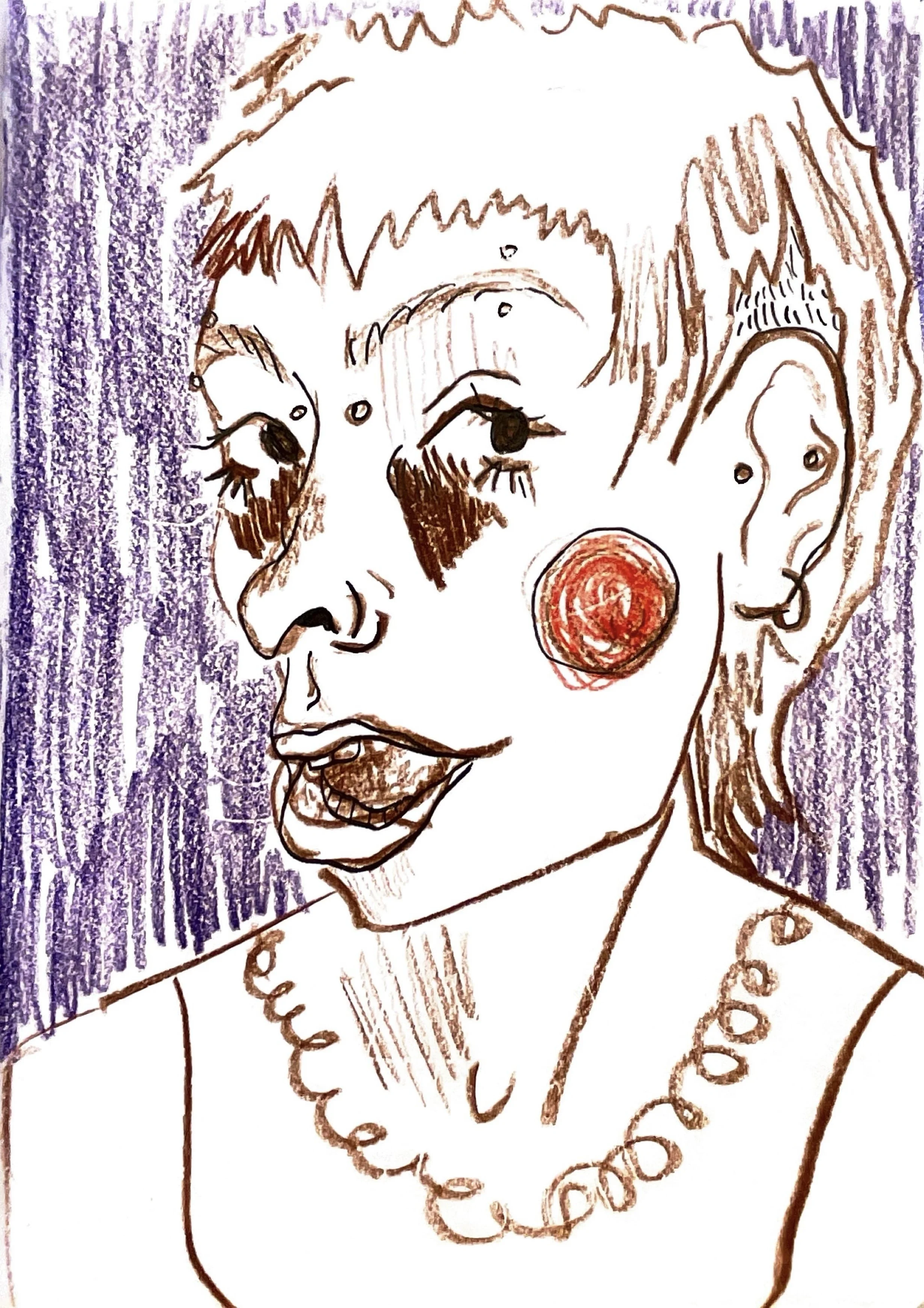 A self portrait sketch of the artist, Mars, with coloured pencil