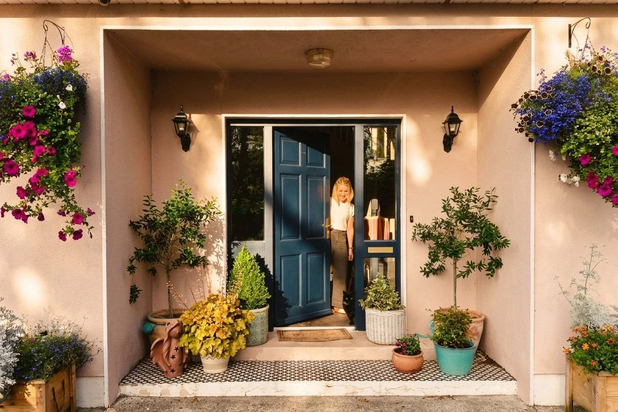 Front porch of a house with a woman standing in the doorway, surrounded by potted plants and hanging flower baskets.