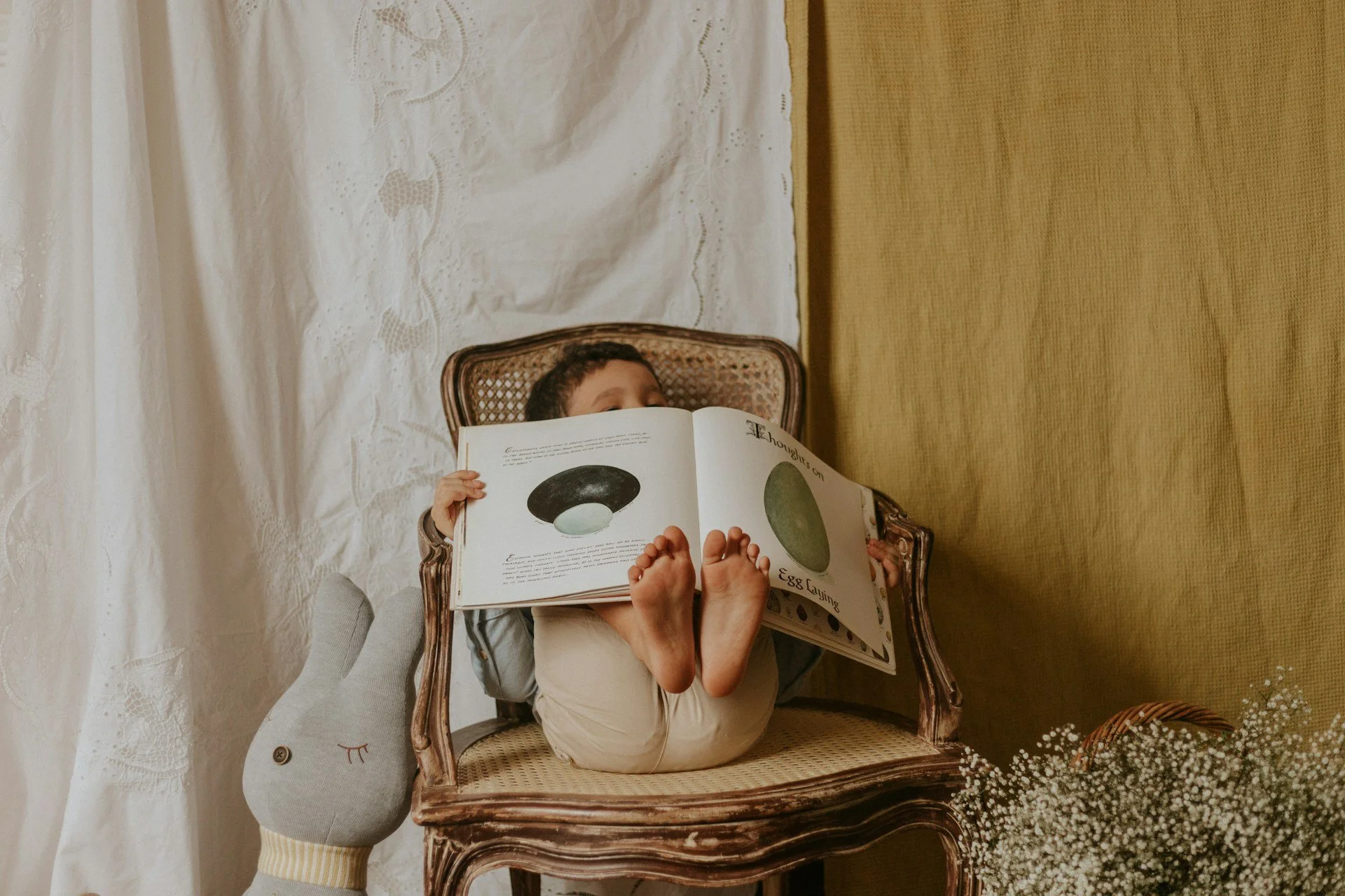 Child sitting in a vintage chair, reading a children's book.