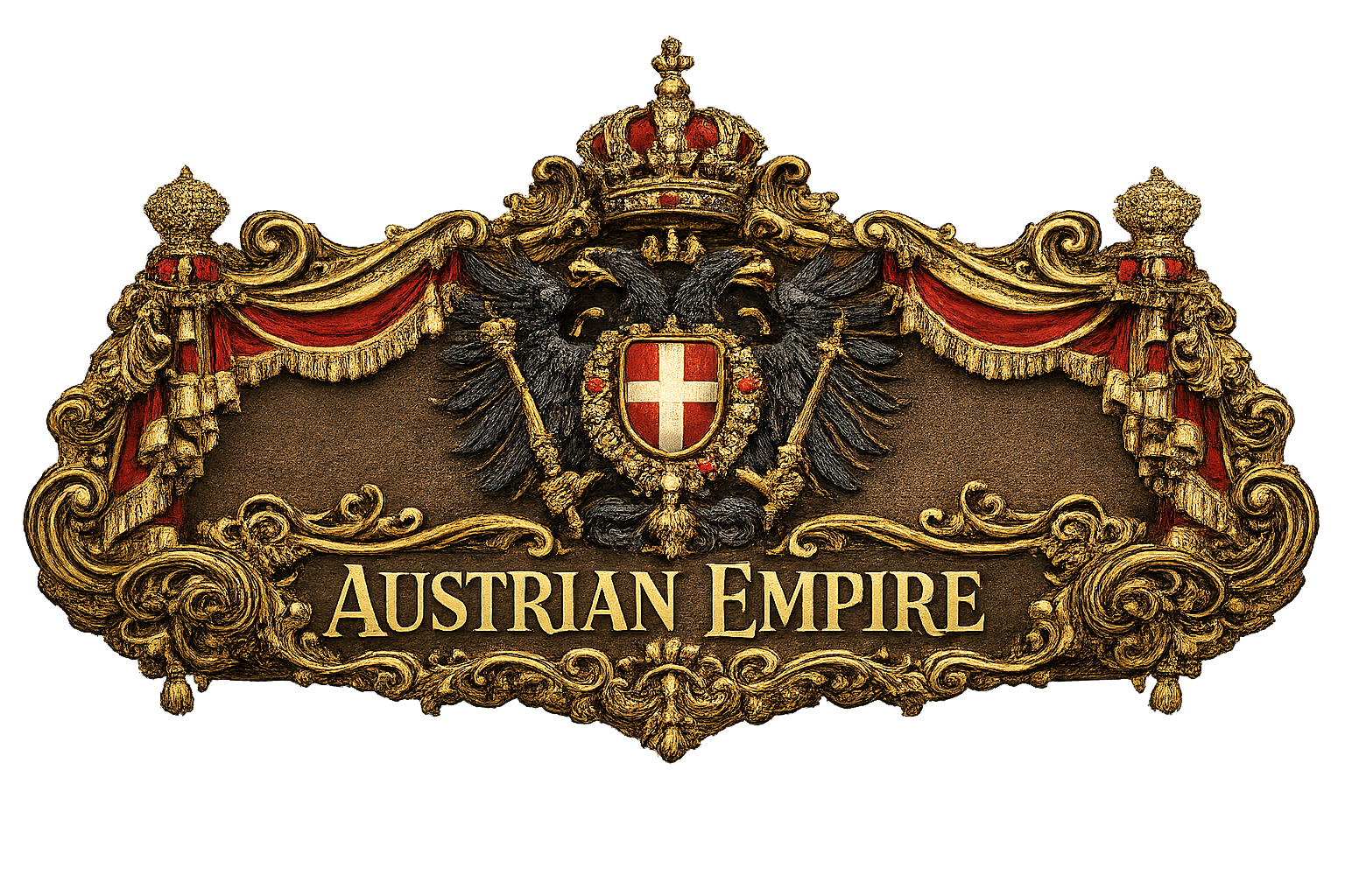 An ornate crest with gold detailing, a double-headed eagle with outstretched wings holding scepters, a shield with a red cross, crowned at the top, and red and gold decorative drapery. Text reads 'Austrian Empire' below the crest.