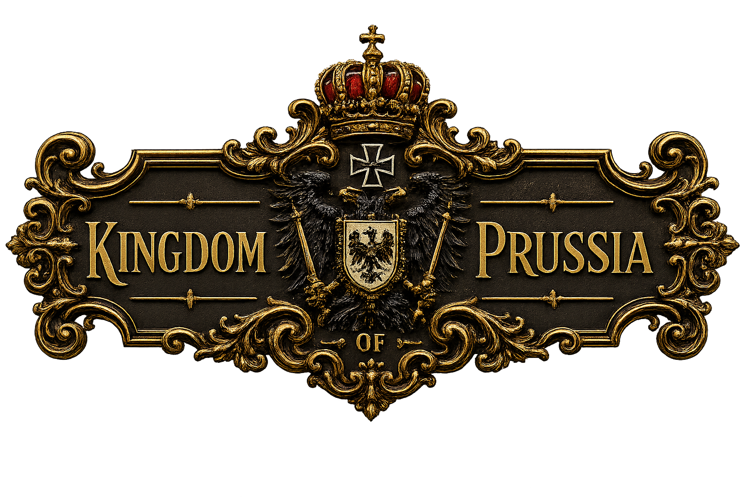 Ornate decorative sign with gold and black design reading "Kingdom of Prussia" with a crest featuring a black eagle and a crown.
