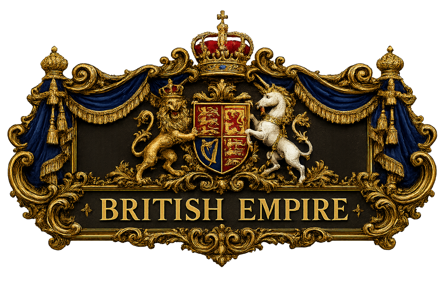 The emblem of the British Empire featuring a shield with a lion and a unicorn, surrounded by gold ornate decoration and blue curtains, with a crown on top and the words 'British Empire' written below.