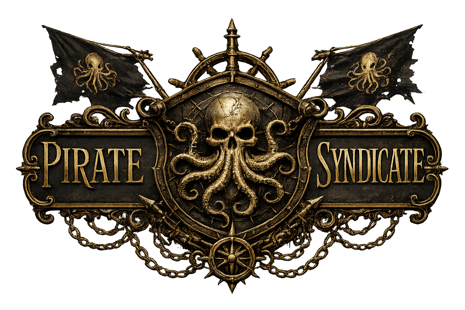 Golden pirate-themed emblem featuring a skull with octopus tentacles, crossed swords, pirate flags with skulls and crossbones, and text reading 'Pirate Syndicate'.