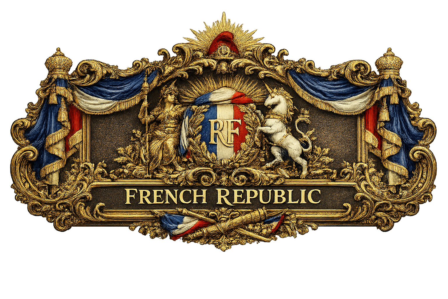 Ornate emblem with gold detailing, featuring a woman and a unicorn holding a shield with the French flag and the letters 'RF', with a banner reading 'French Republic' beneath.