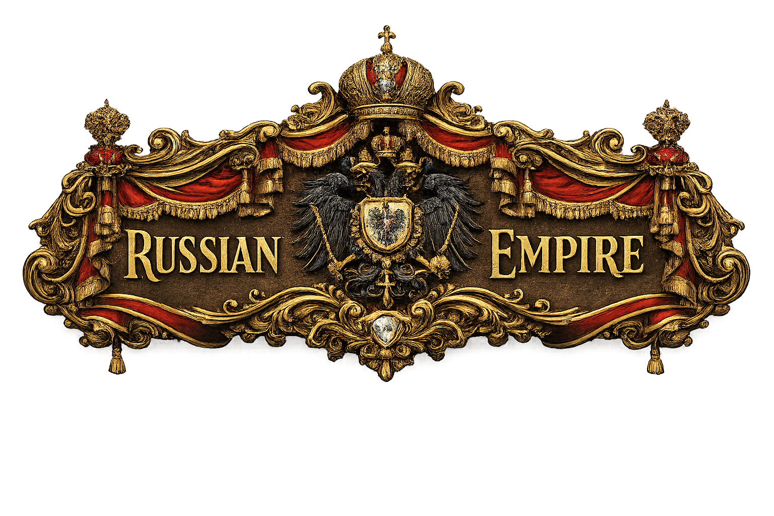 Ornate sign with gold lettering that reads 'Russian Empire', featuring a double-headed eagle emblem, gold and red decorations, and a crown at the top.