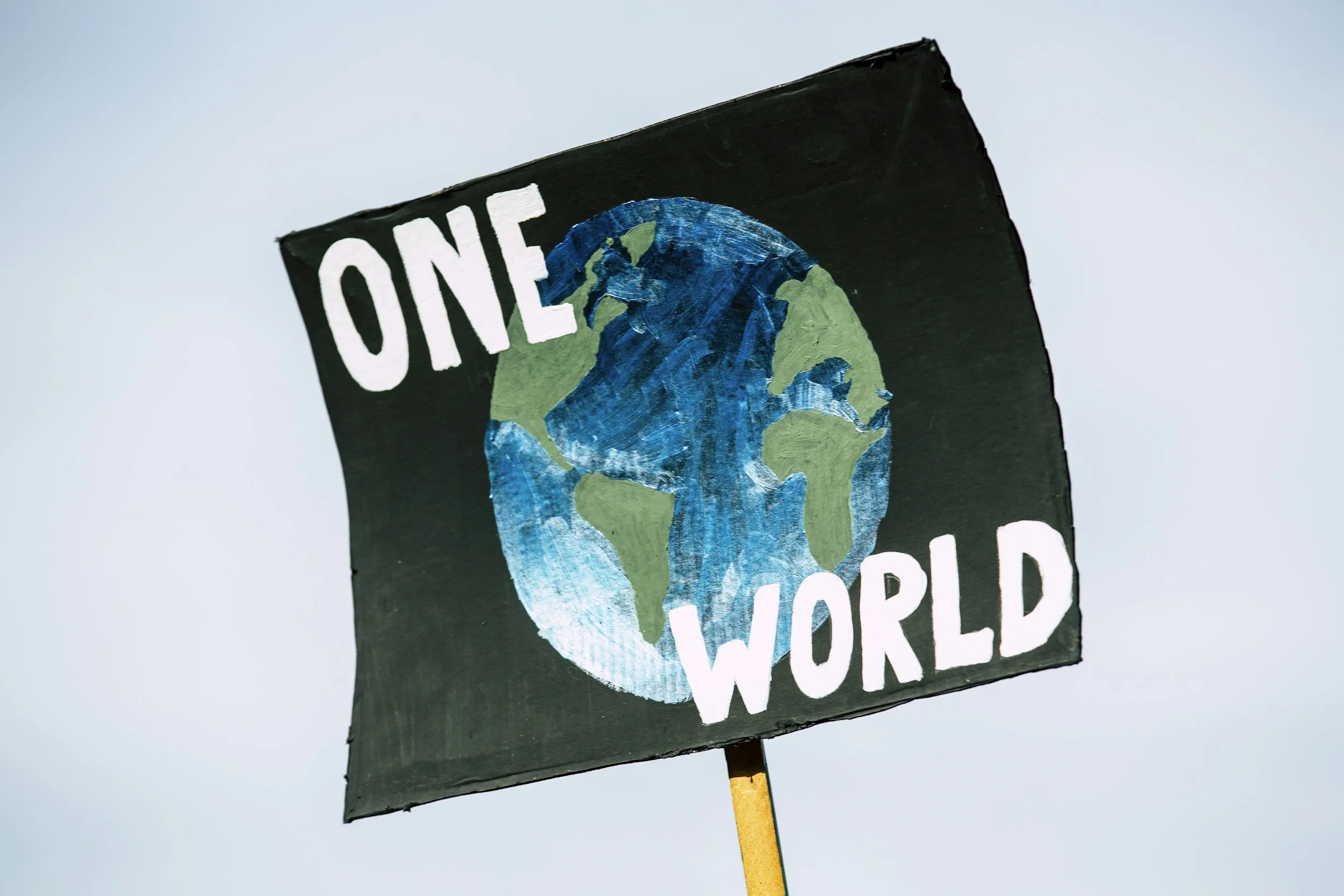 A protest sign with the Earth painted on it, showing continents and oceans, and the words 'ONE WORLD'. The sign is held up against a cloudy sky.