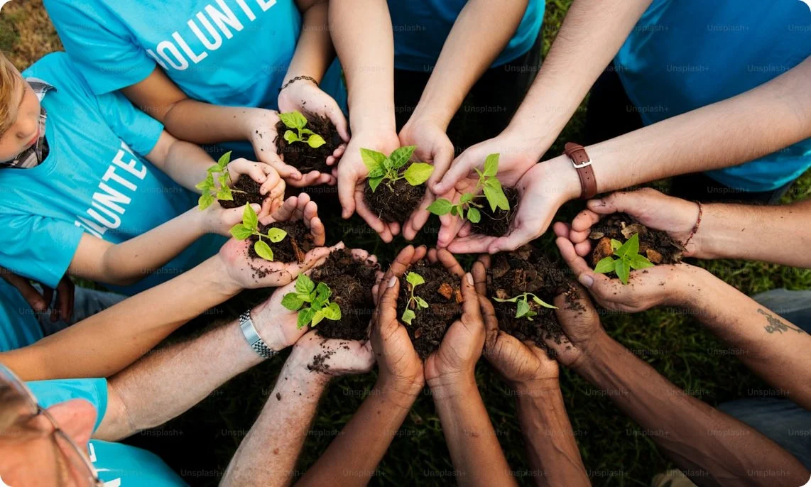 People wearing blue volunteer shirts holding small plants with soil, symbolizing unity in planting or gardening.