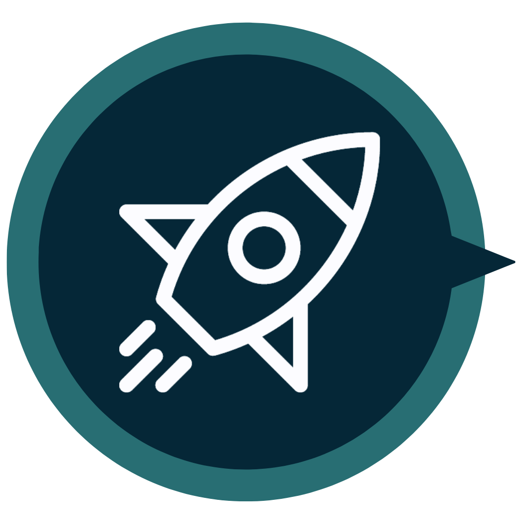 Icon of a rocket ship taking off inside a circular badge.