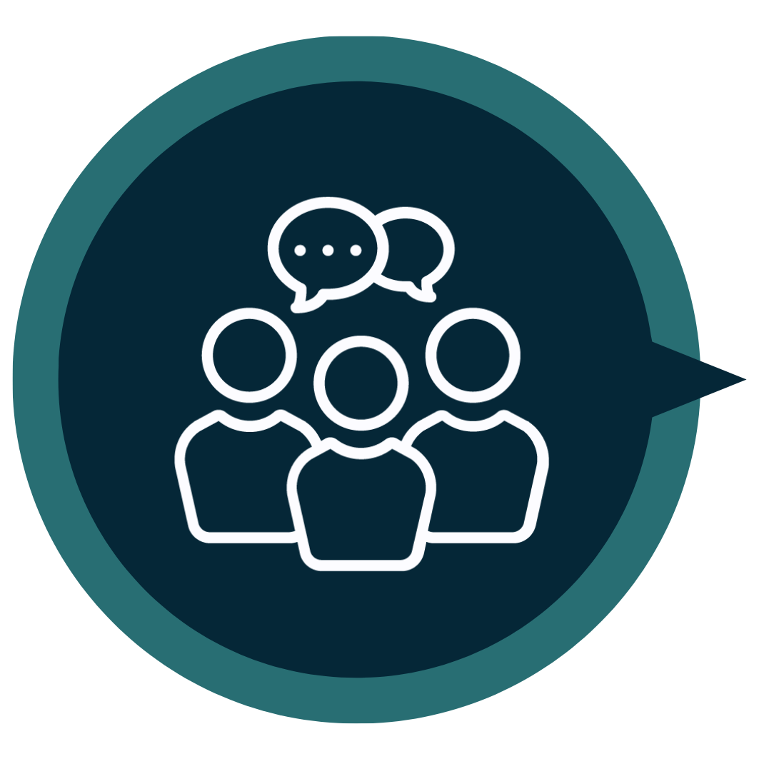 Icon of three people with speech bubbles above them, representing communication or discussion.