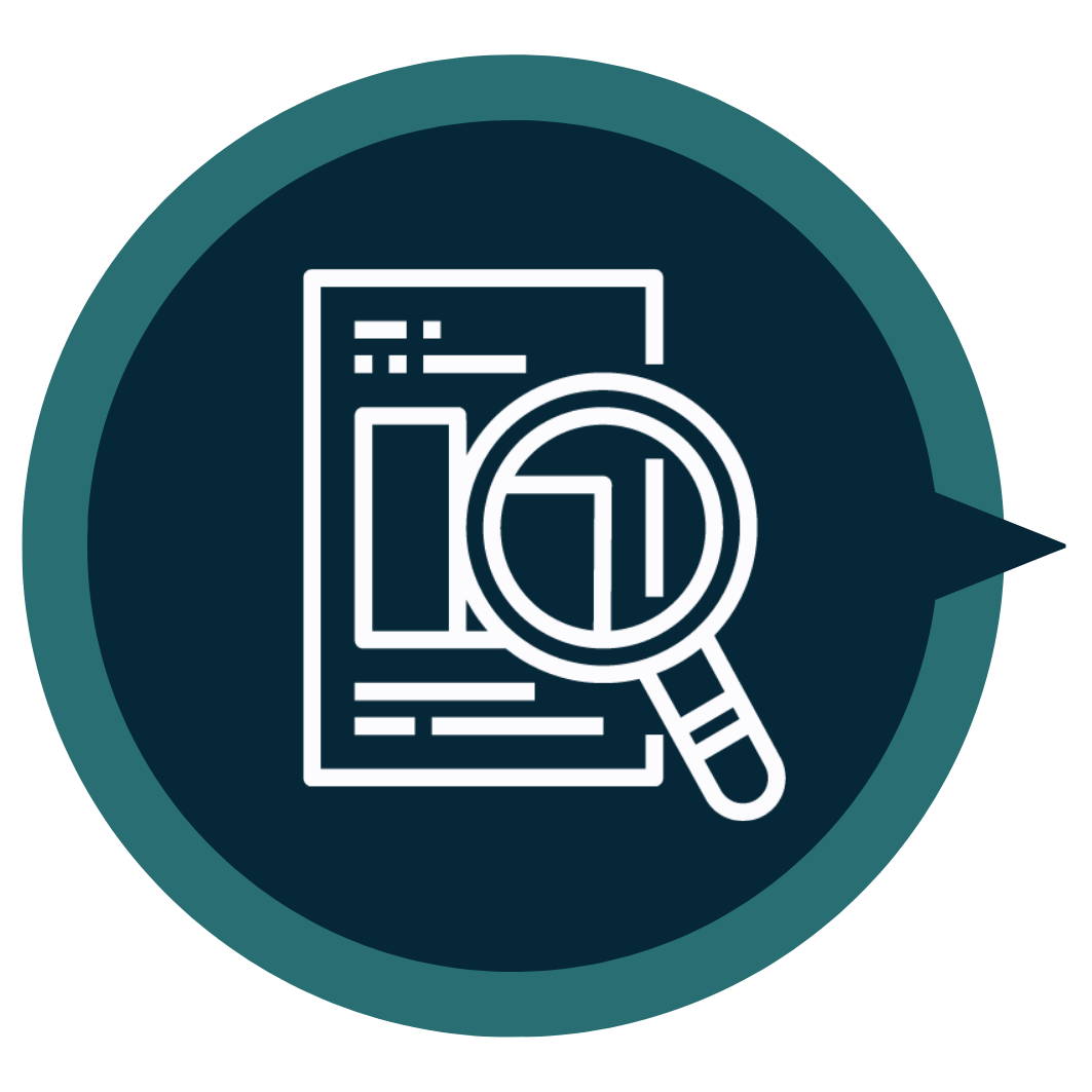 Icon of a document with a magnifying glass examining a bar chart and text, symbolizing data analysis or research.