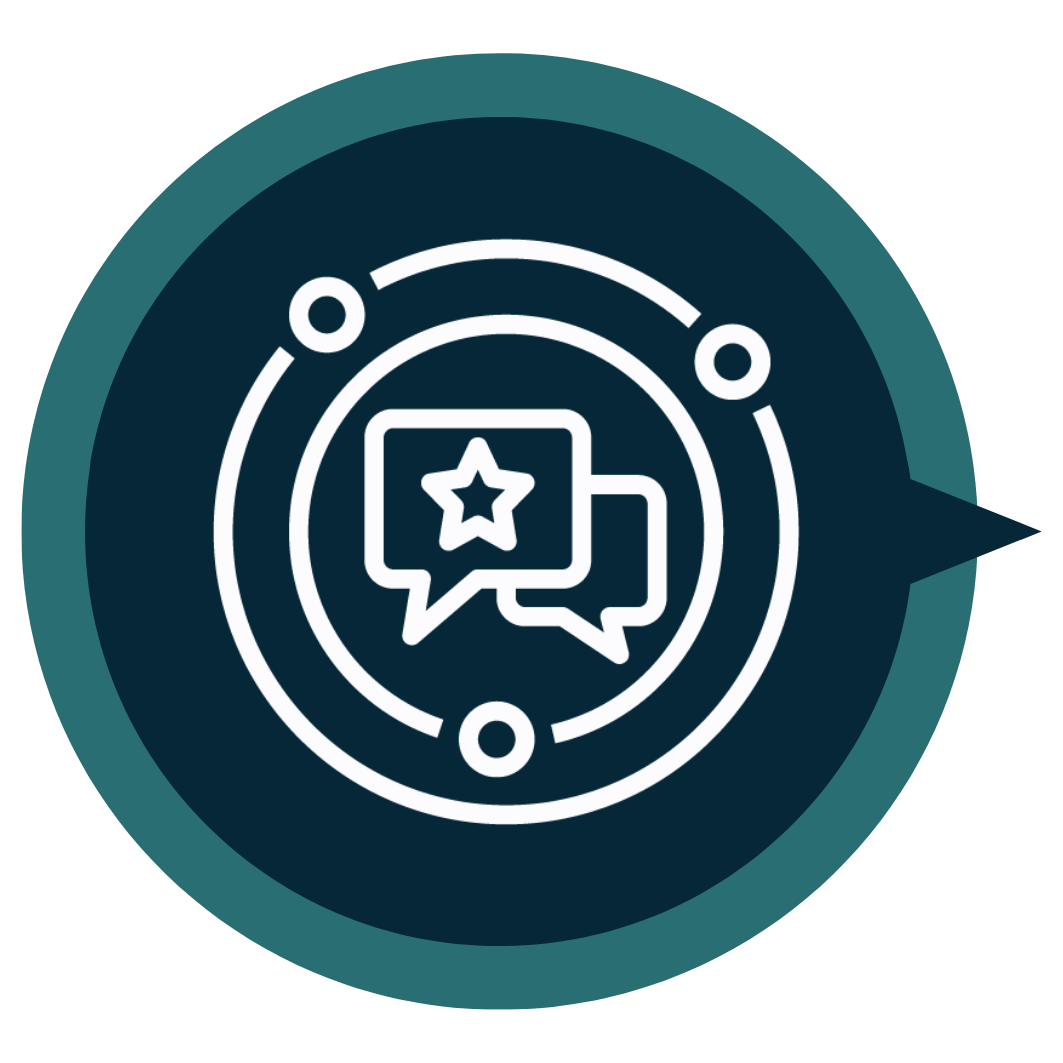 Knight icon with chat bubbles and a star in a circular badge