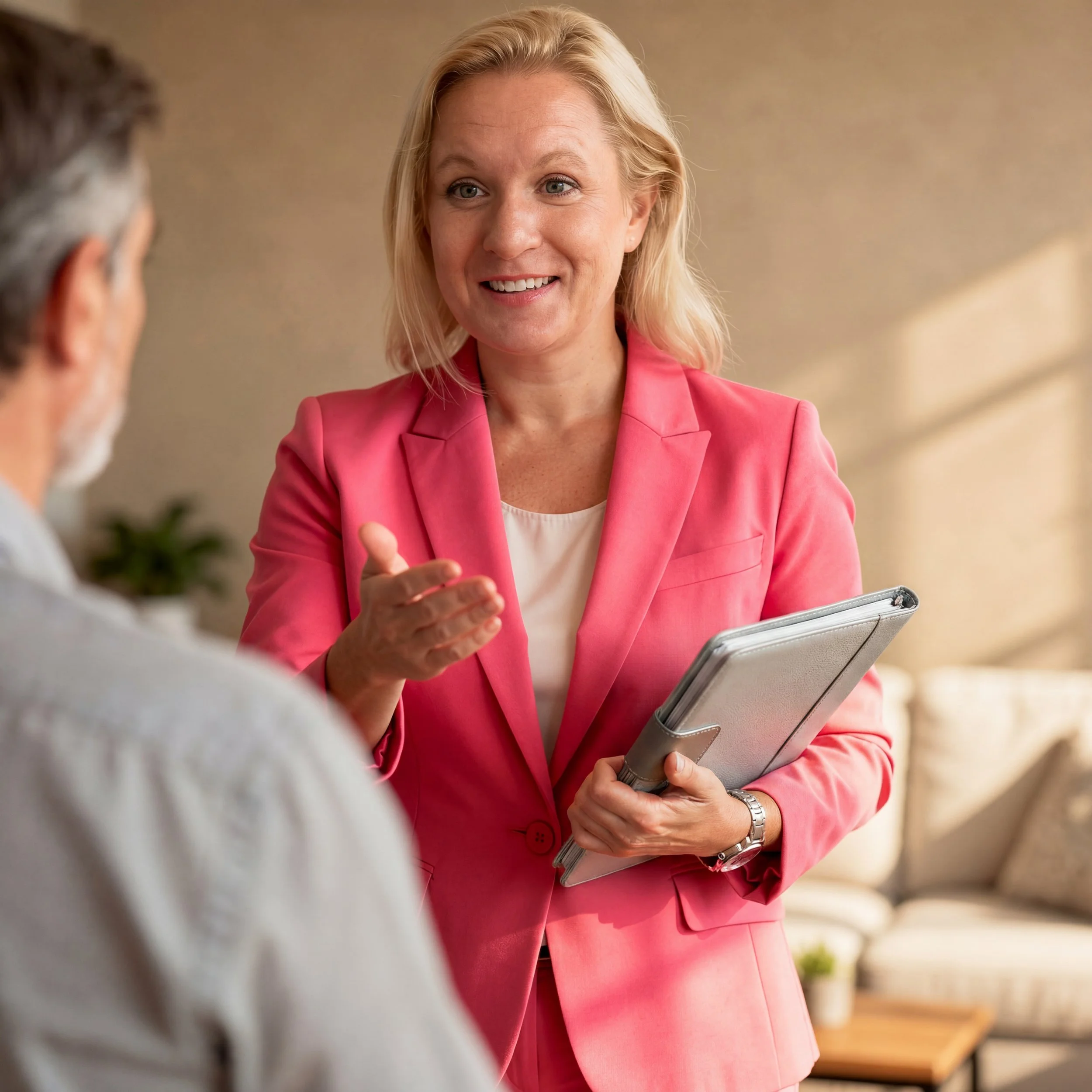 A woman with blonde hair wearing a pink blazer and white top, holding a tablet, speaking and gesturing with her right hand while talking to someone in an indoor setting.