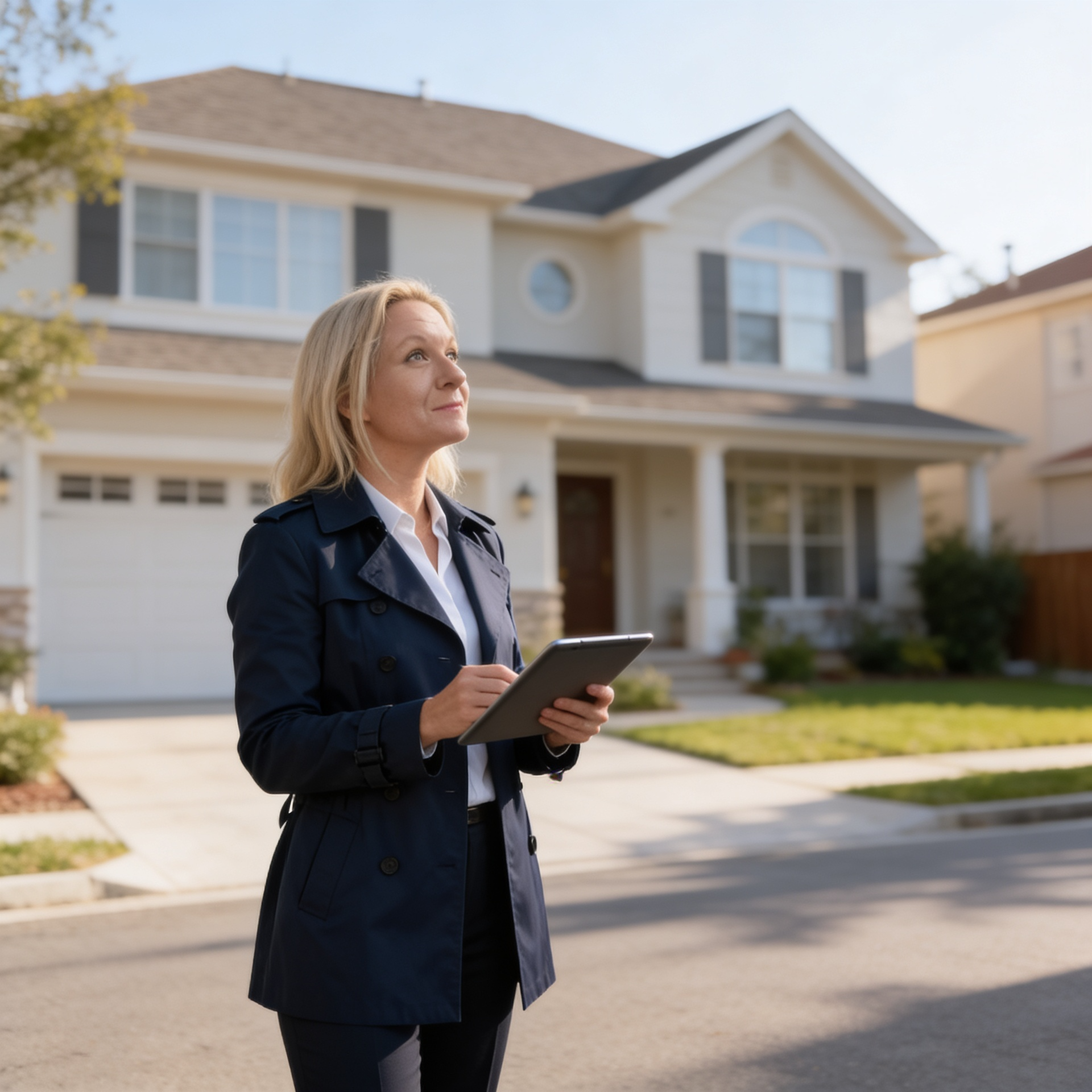 A woman in a navy blue blazer holding a tablet, standing on a sidewalk in front of a large house with a manicured yard during daytime.