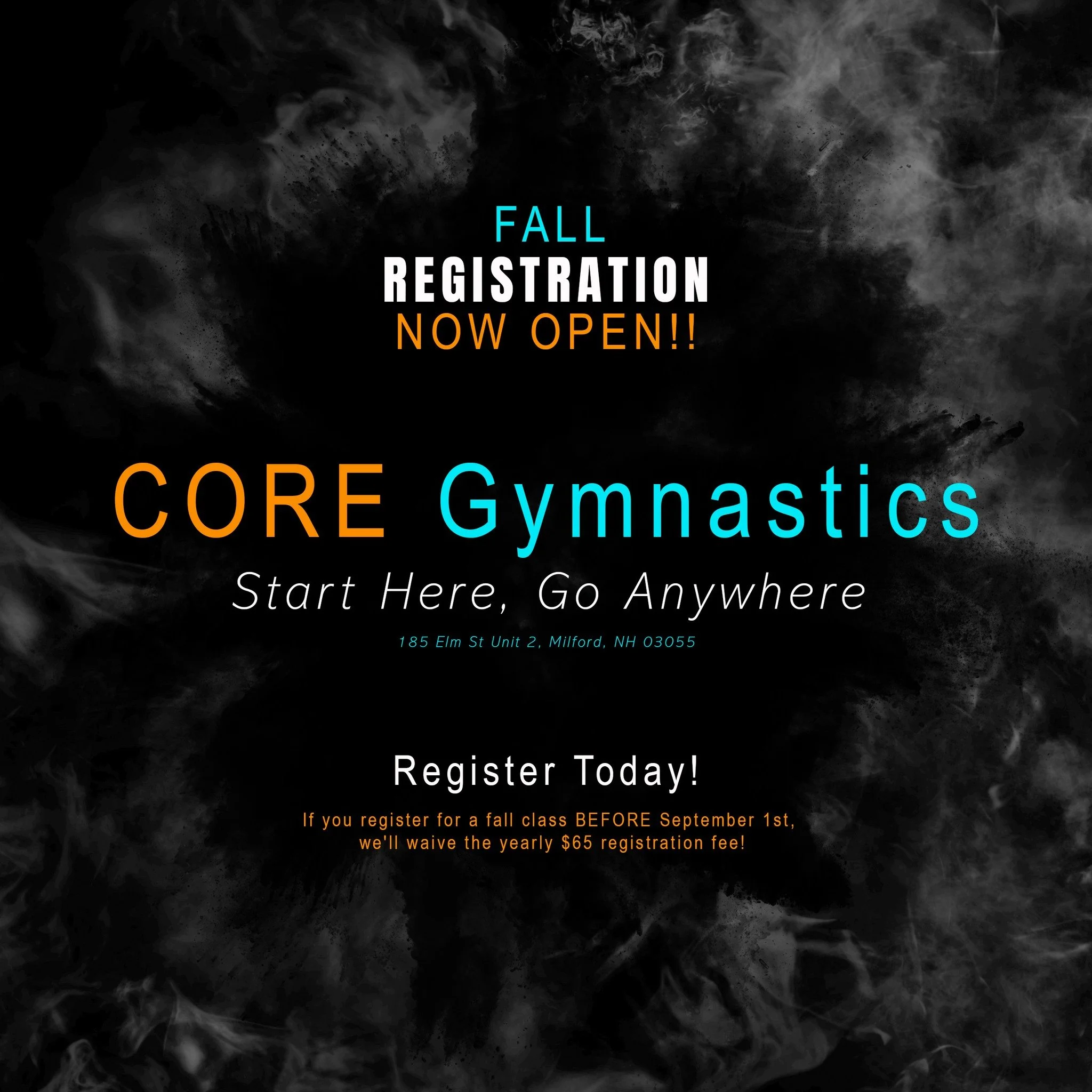 Time is running out!! Register for your class before September 1st and the annual registration fee will be waived!!! 

https://portal.iclasspro.com/coregymnastics/classes