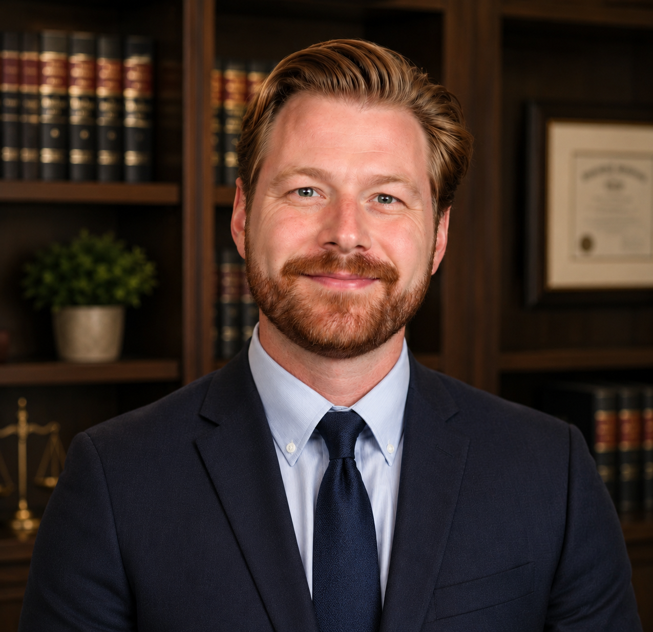 A man in a suit smiling in an office with bookshelves, a framed certificate, and a potted plant behind him.