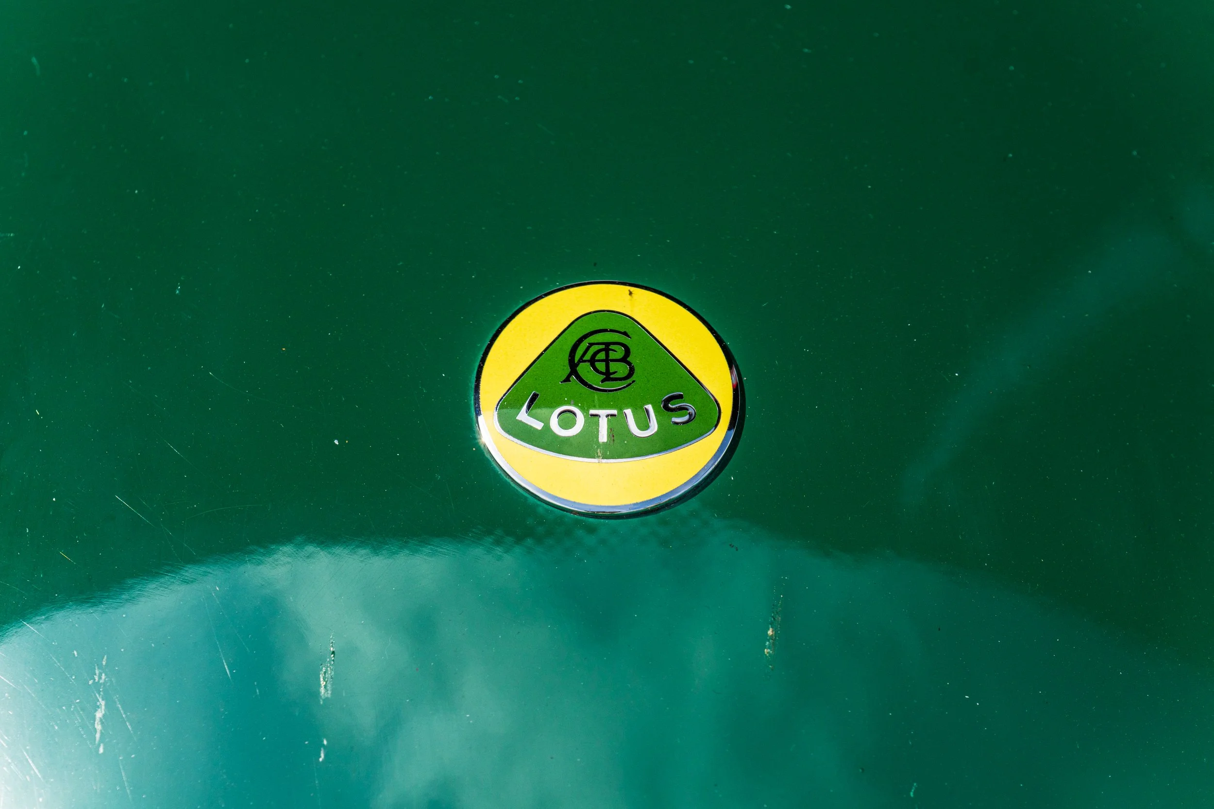 Close-up of a Lotus badge on green bodywork in the Donington paddock.