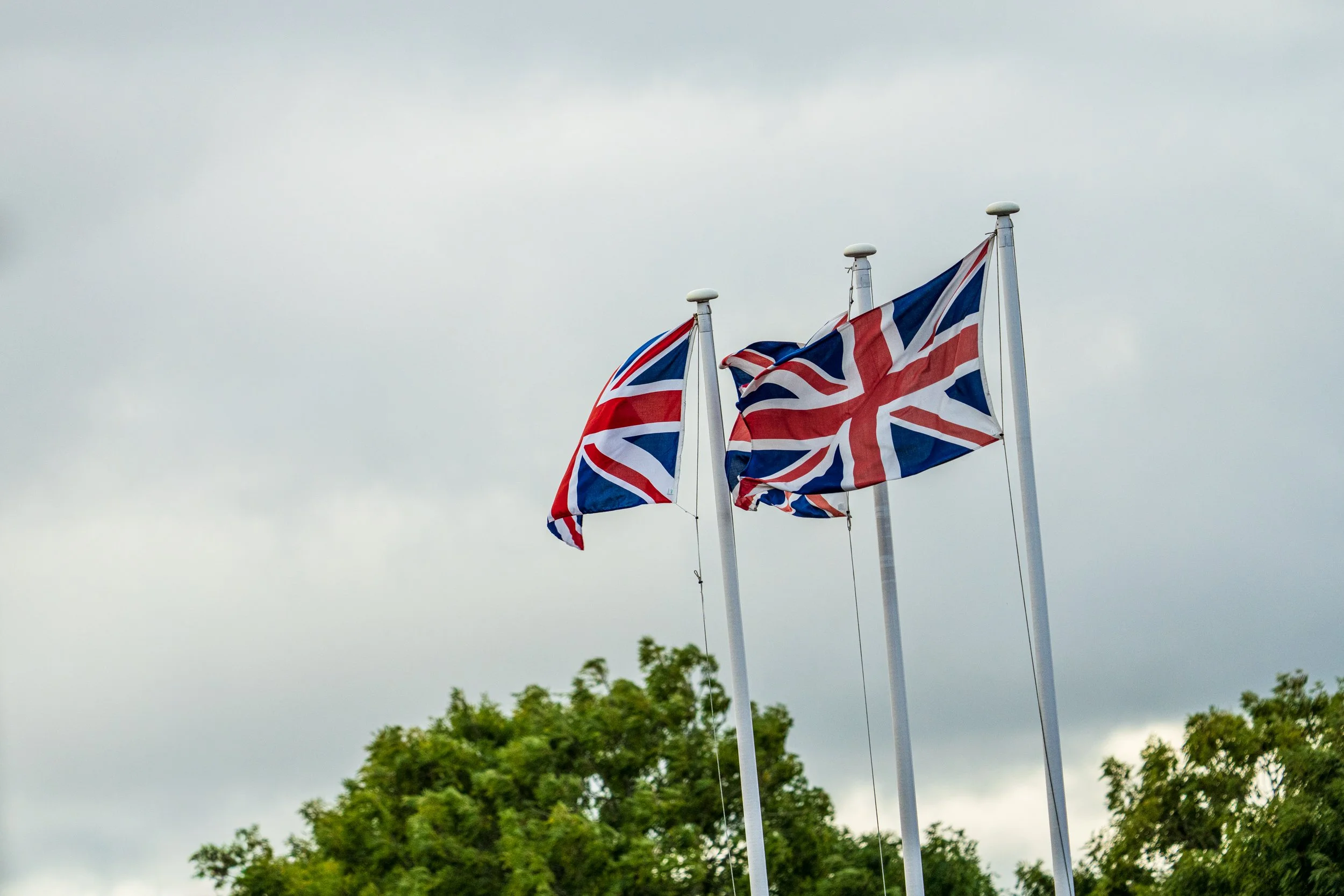 Union Jack flags flying above trees at Silverstone.
