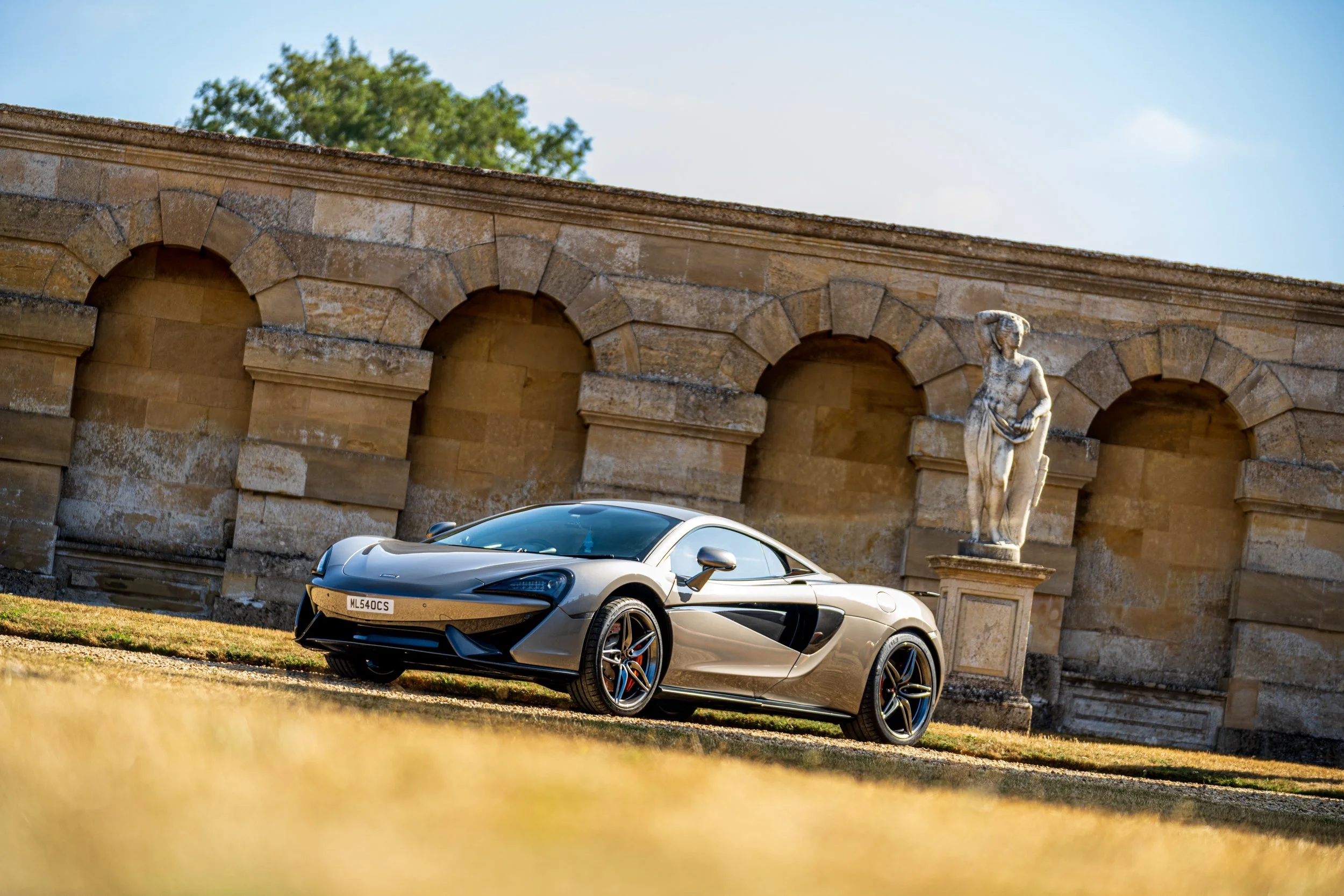 A sleek silver sports car parked in front of an ornate stone wall with arches and a statue of a woman.