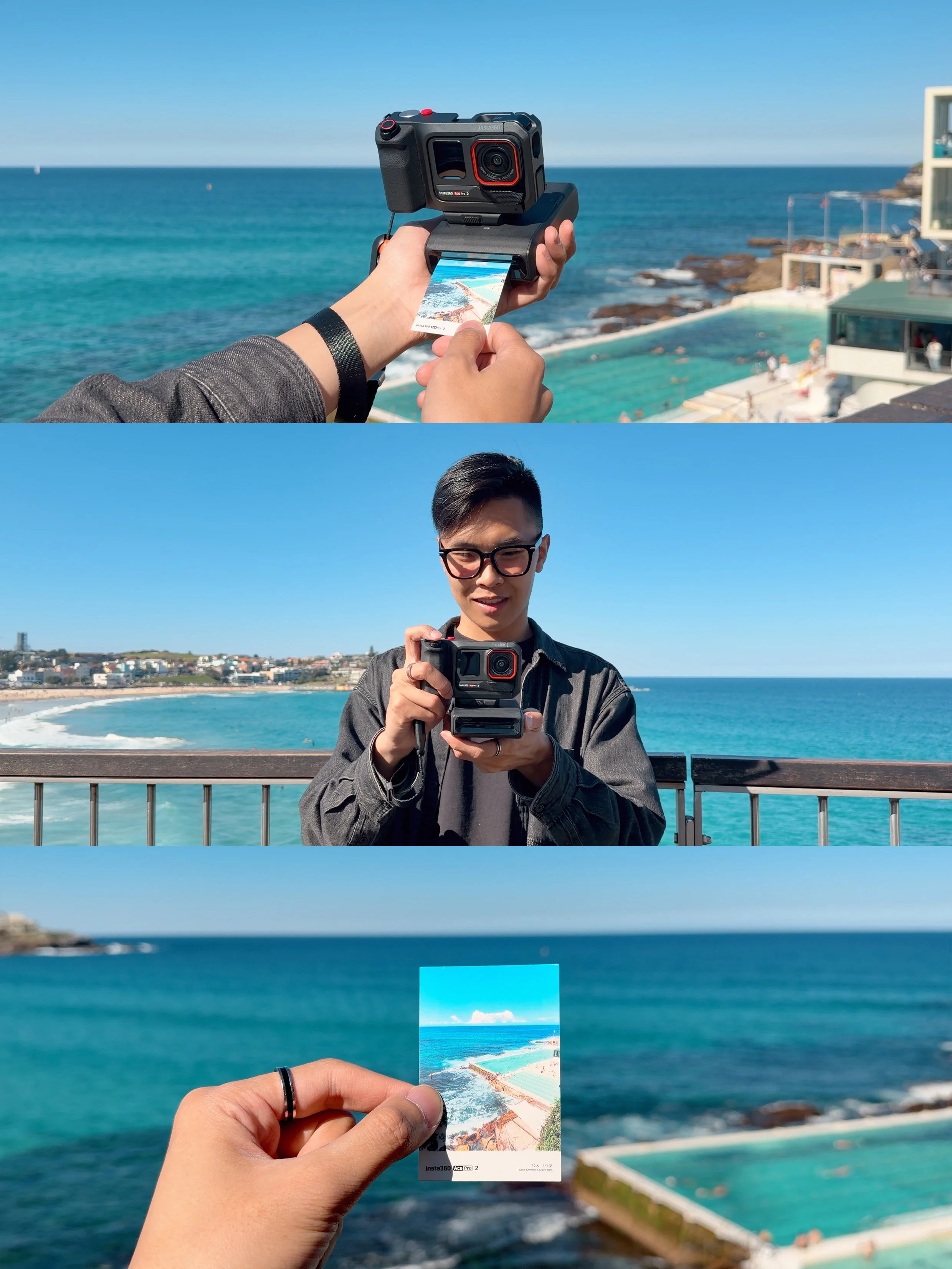 A person holding a camera and a photo flash card with a beach scene, with a blue ocean and clear sky in the background