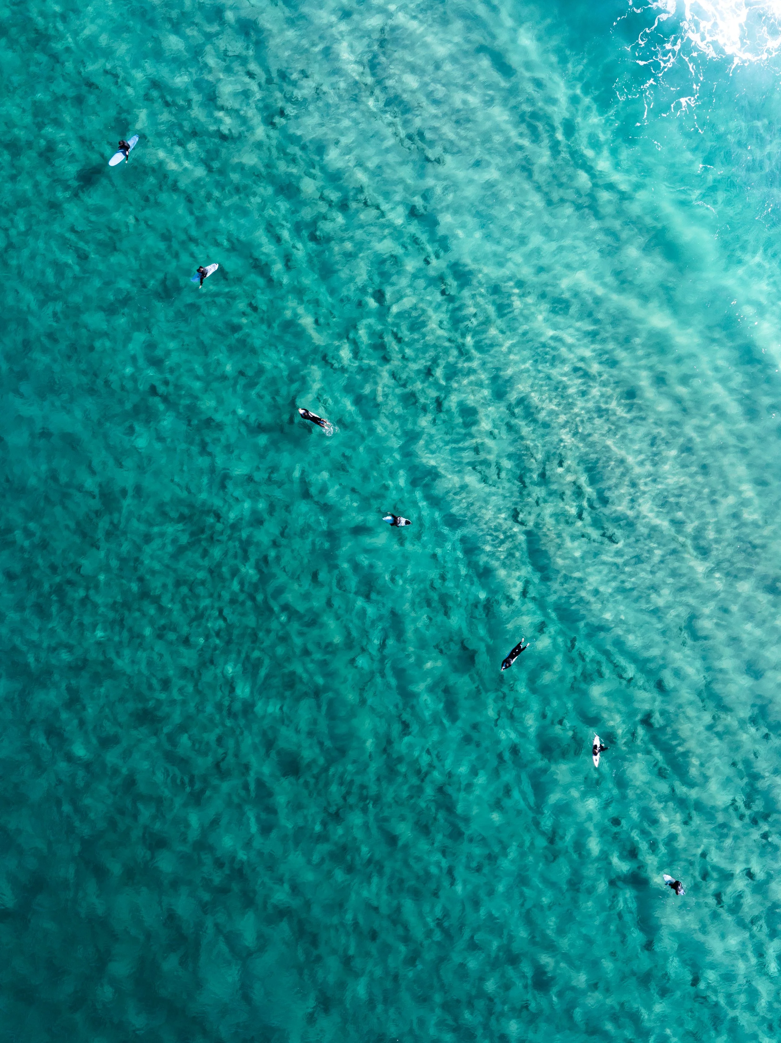 An aerial view of six surfers in wetsuits floating on turquoise water, with visible waves and ripples.