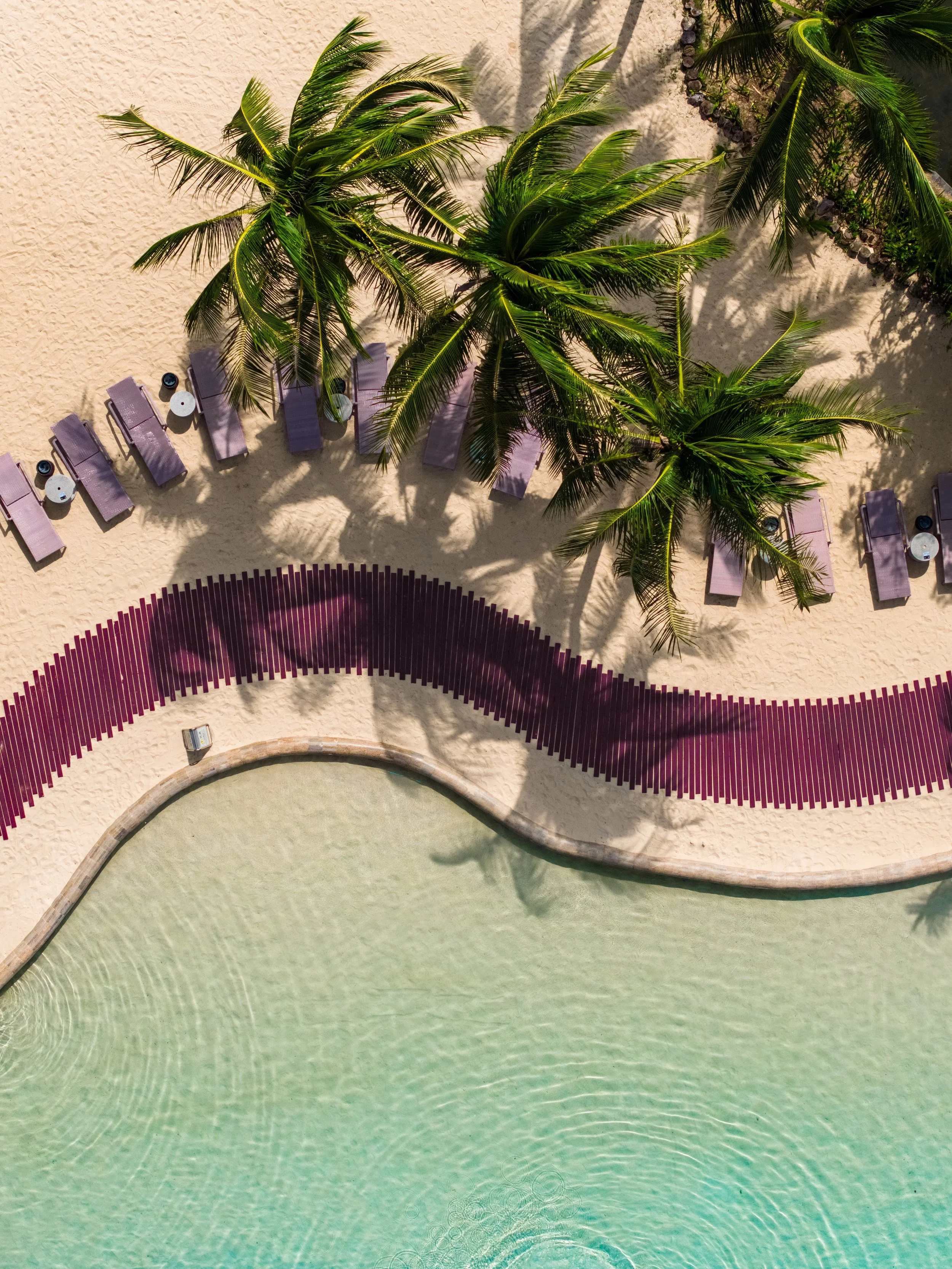 Bird's eye view of a resort pool area with green palm trees, purple lounge chairs, and a sandy beach background.