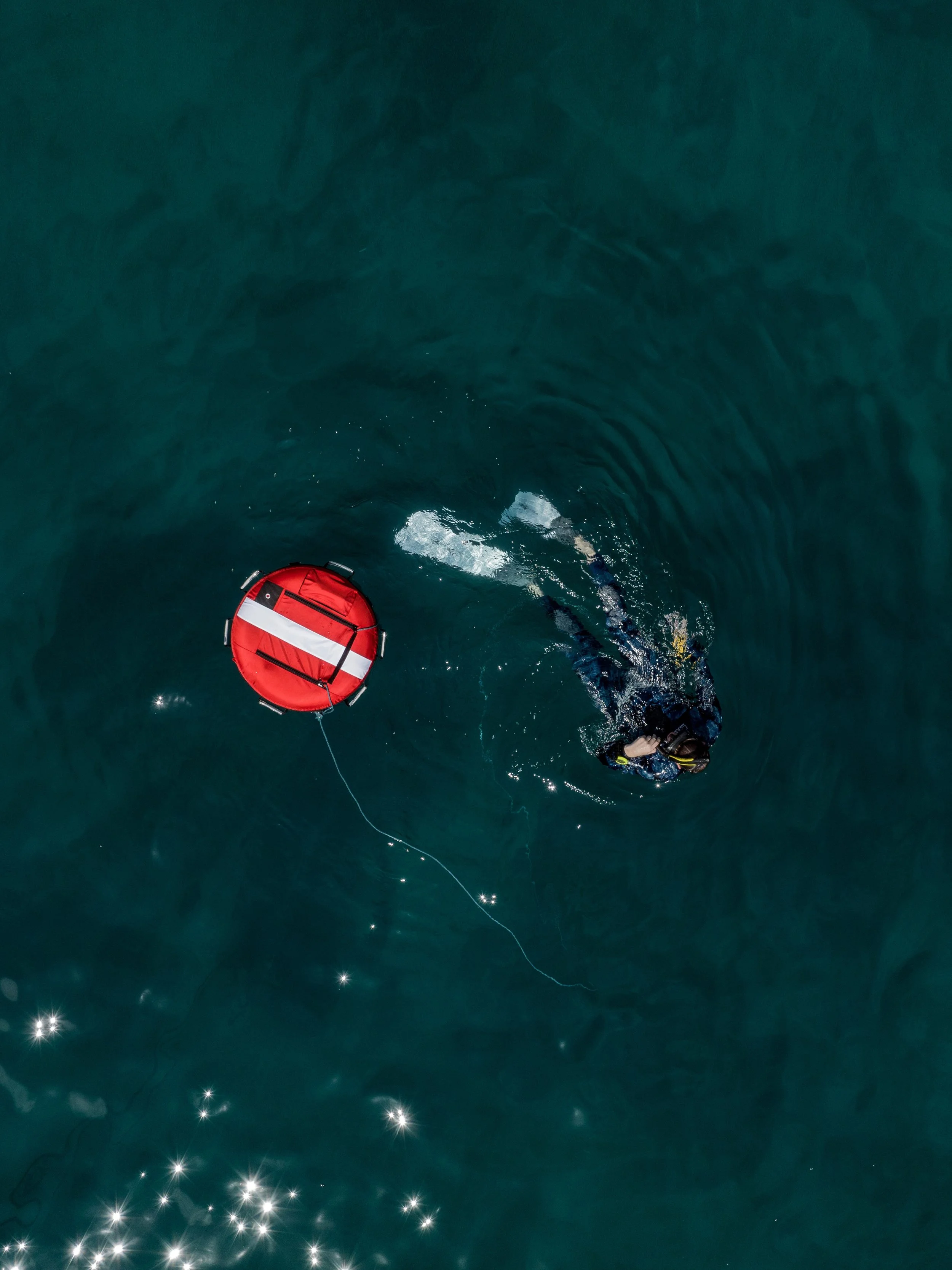 Person swimming in the water with a red and white buoy nearby.