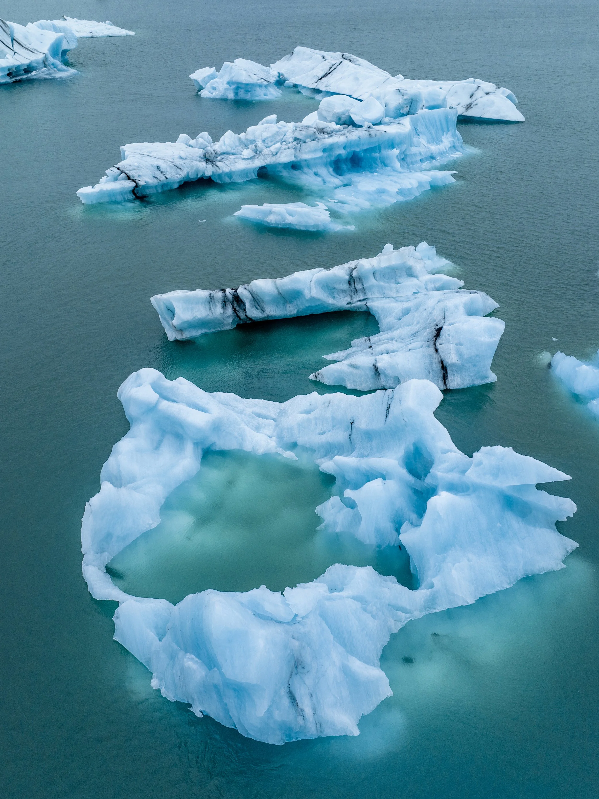 Multiple icebergs floating in a calm body of water, with some displaying black streaks and cracks, and various shapes and sizes of ice formations.