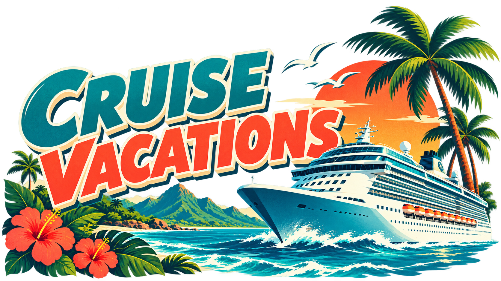Cruise Vacations illustration featuring a cruise ship, tropical islands, palm trees, and a sunset.